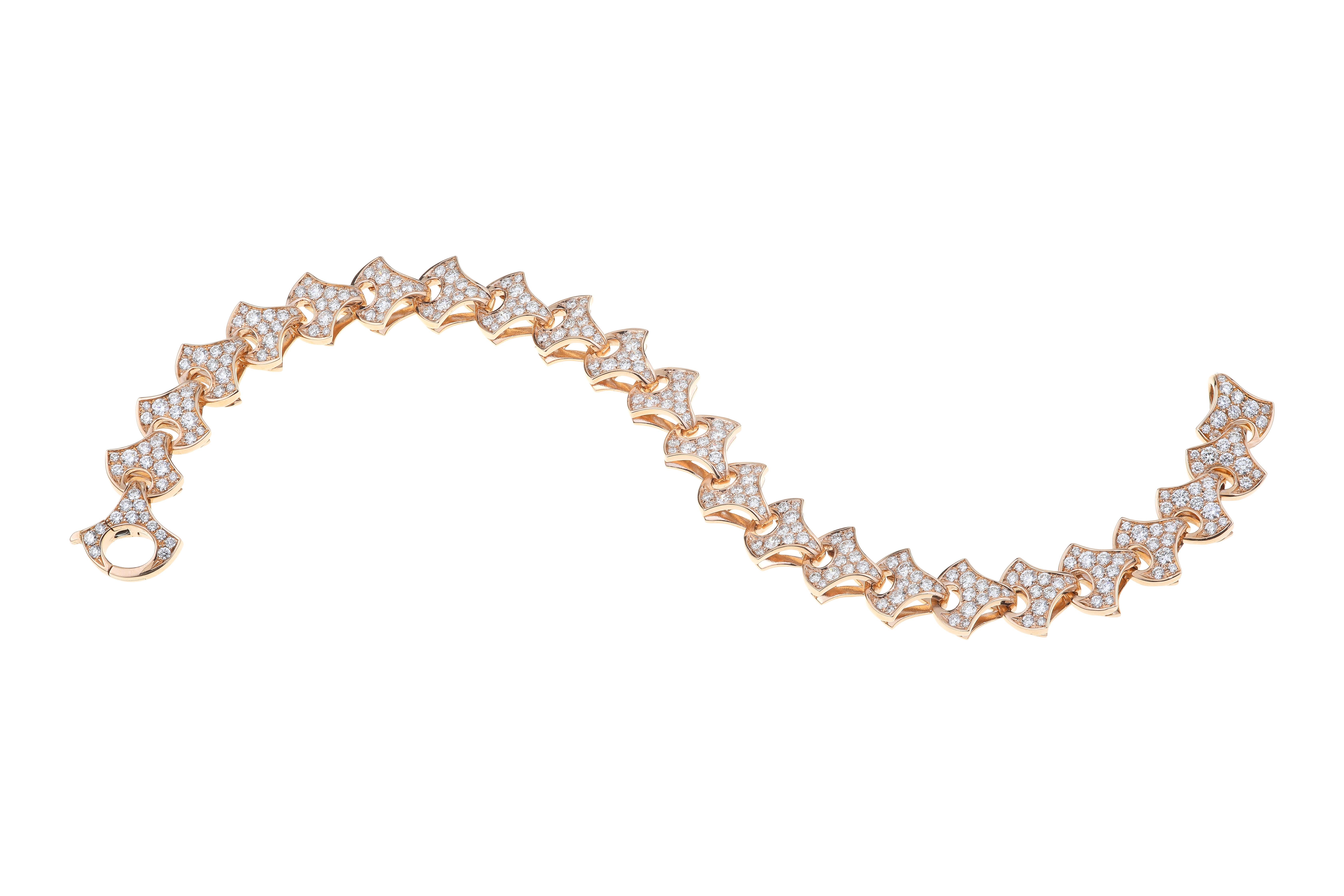 Wave Tennisarmband von Angeletti Rose Gold mit fächerförmigem Gold und Diamanten.
Ein besonderer Anlass für dieses modische Armband mit einem einzigartigen Design mit Diamanten ct. 3.64 G-VS. Das Gewicht des 18-karätigen Goldes beträgt etwa 29