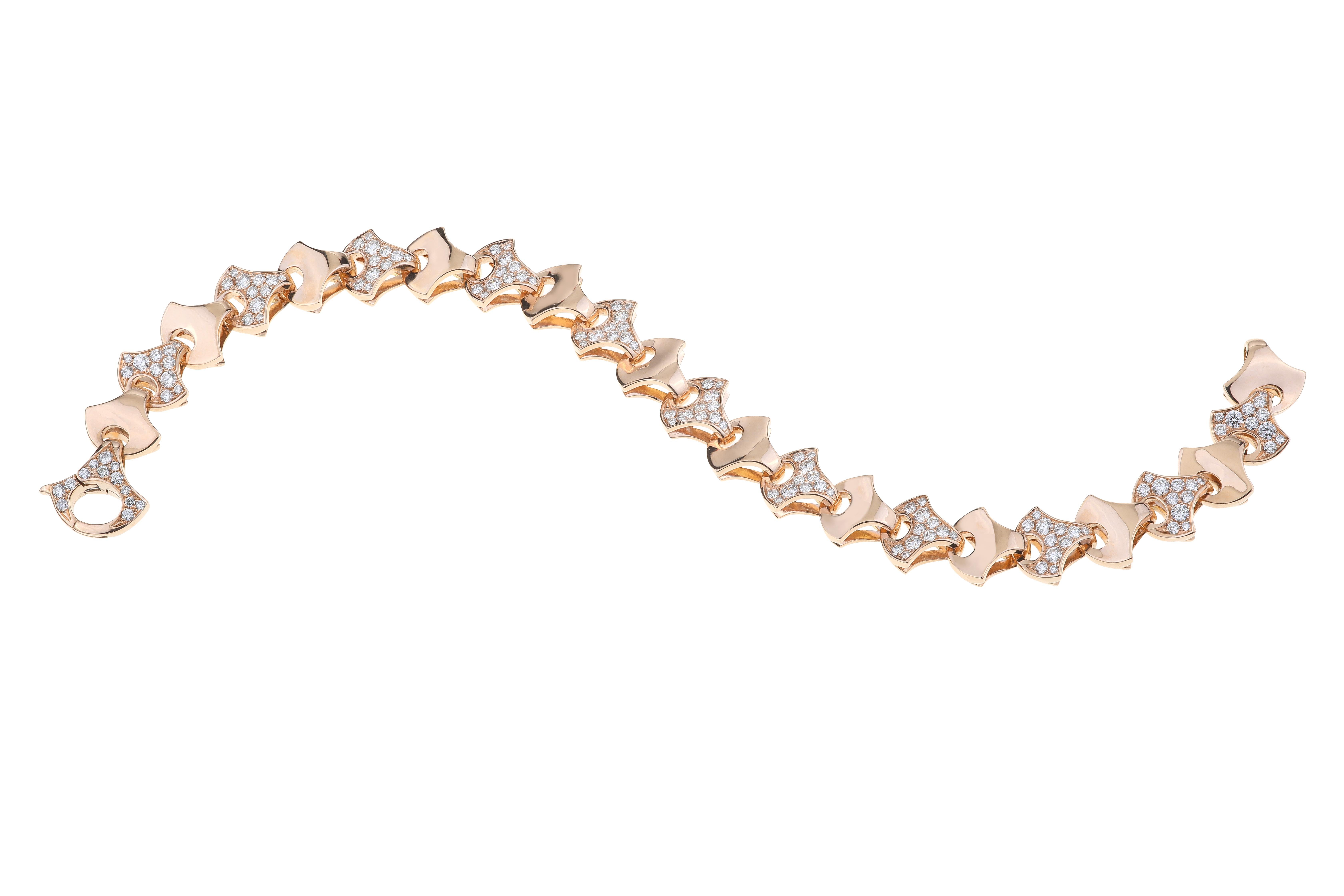 Wave Tennisarmband von Angeletti Rose Gold mit fächerförmigem Gold und Diamanten.
Besonderer Anlass für dieses modische Armband mit einem einzigartigen Design mit Demi-Fächer in Gold und Diamanten ct. 1,73 G-VS. Das Gewicht des 18-karätigen Goldes