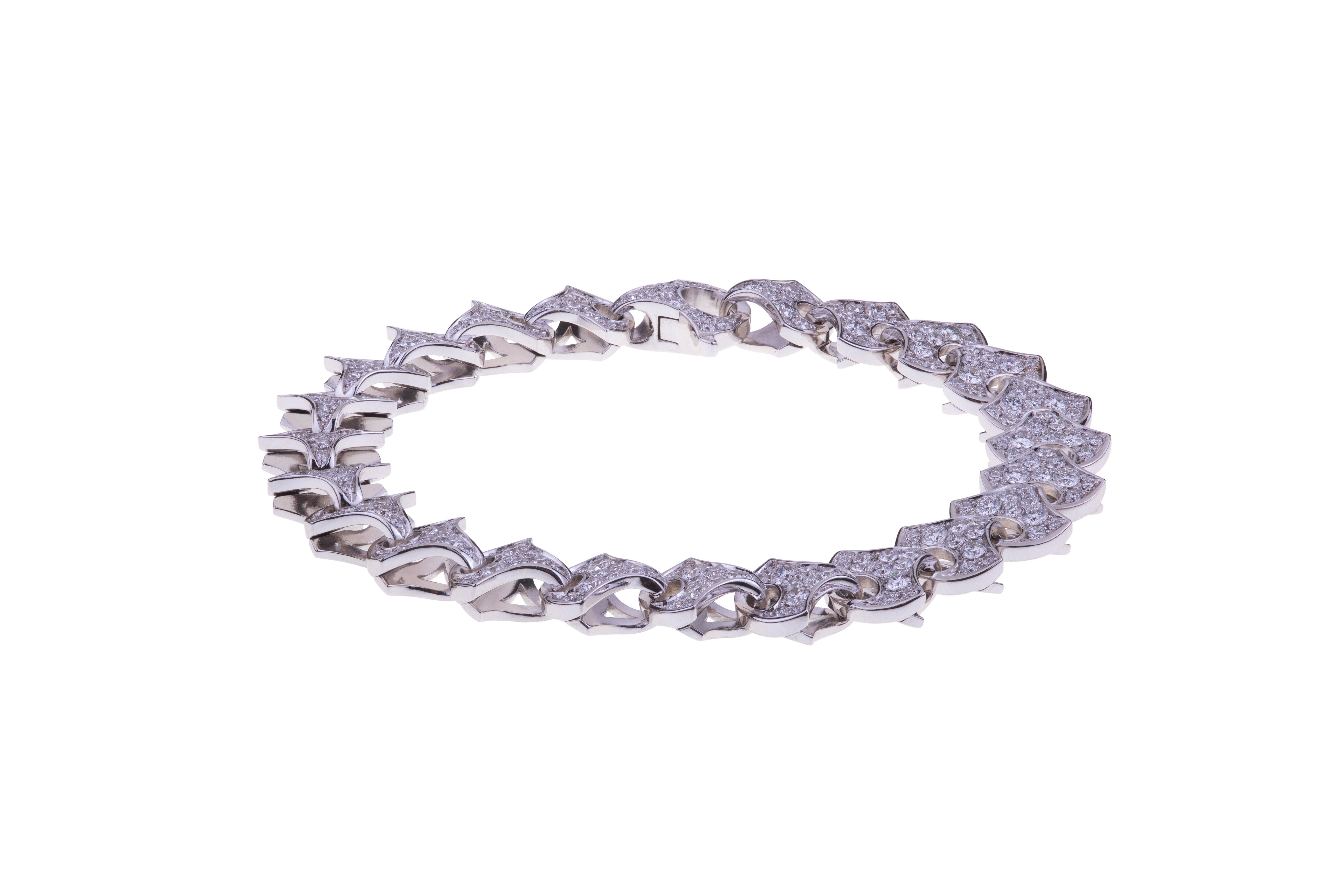 Brilliant Cut Wave Tennis Bracelet by Angeletti White Gold with Fan Shaped Gold and Diamonds For Sale