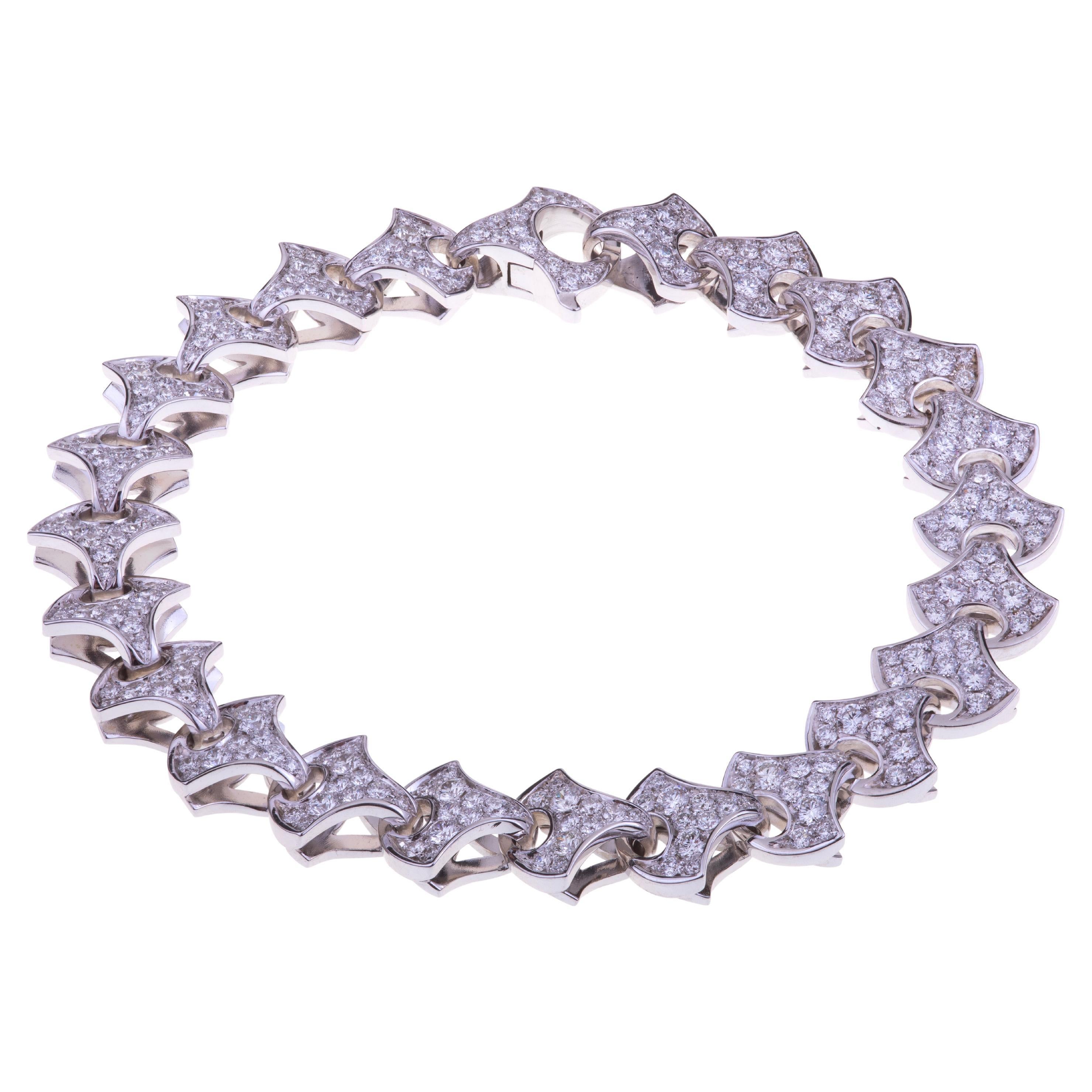 Wave Tennis Bracelet by Angeletti White Gold with Fan Shaped Gold and Diamonds For Sale