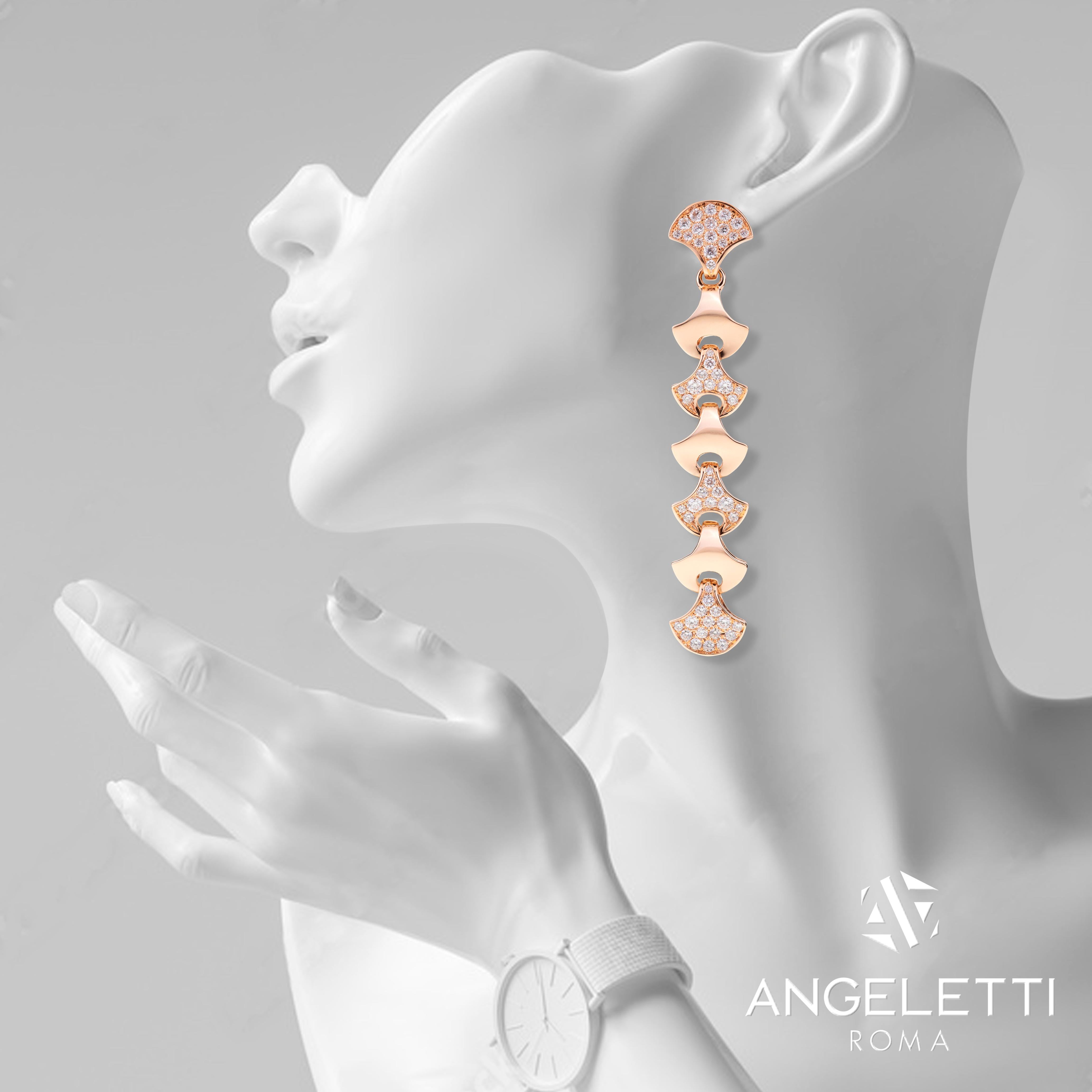 Pendientes Demi Tenis Ola de Angeletti Oro Rosa con Abanico de Oro y Diamantes Moderno en venta