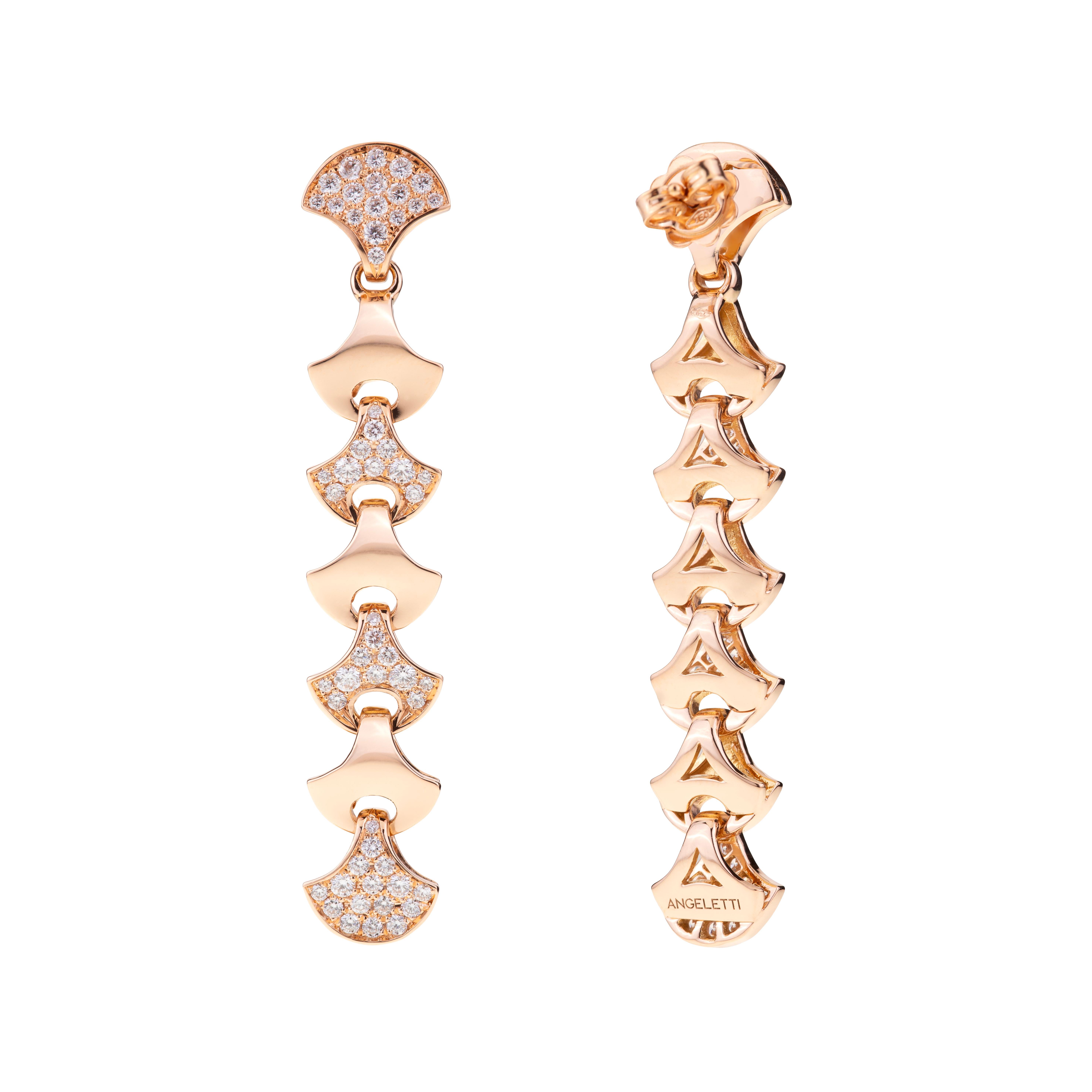 Pendientes Demi Tenis Ola de Angeletti Oro Rosa con Abanico de Oro y Diamantes Corte brillante en venta