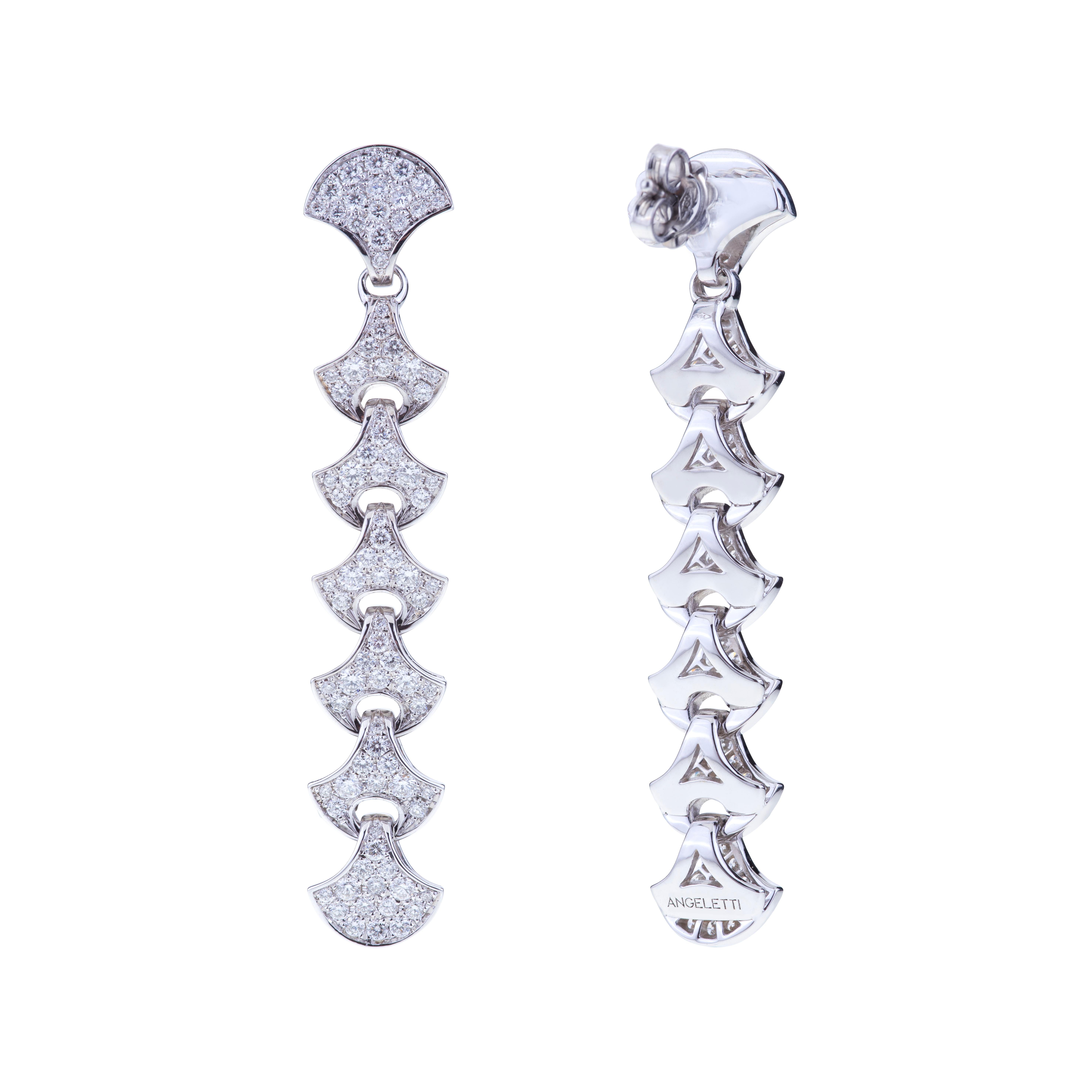 Modern Wave Tennis Earrings by Angeletti White Gold with Fan Shaped Gold and Diamonds For Sale