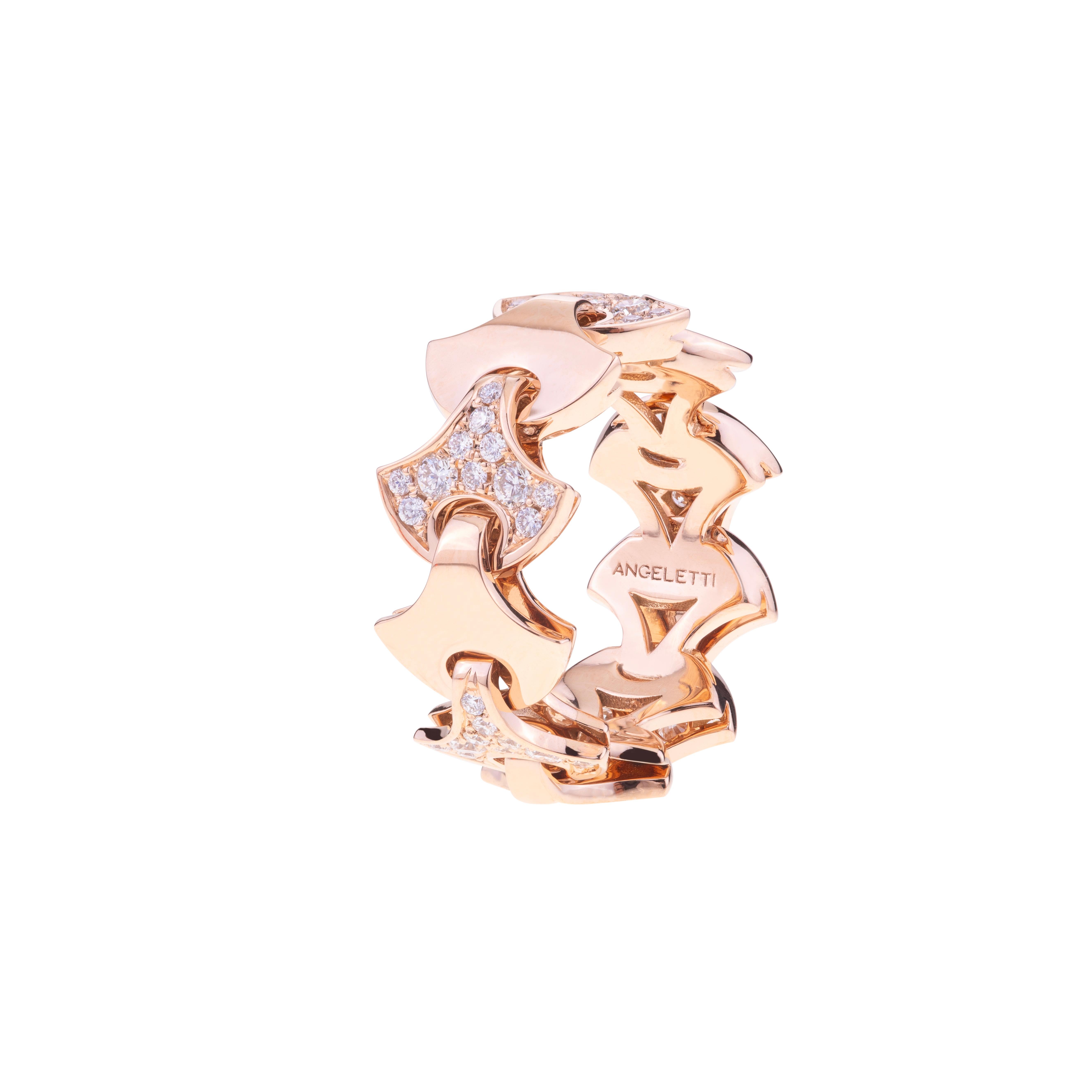 Modern Wave Tennis Ring by Angeletti Rose Gold with Fan Shaped Gold and Diamonds For Sale