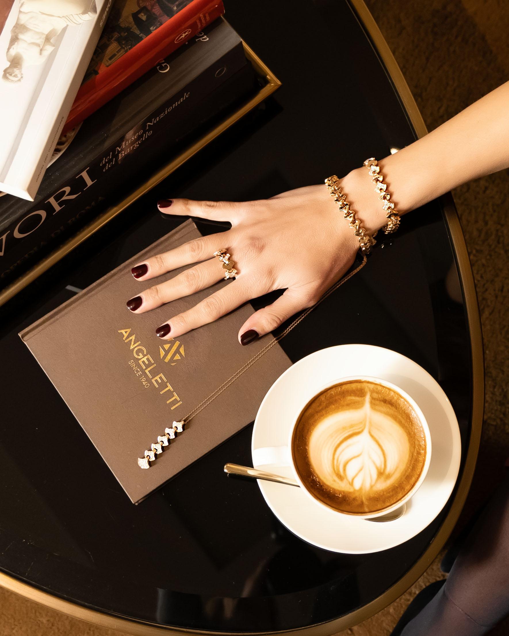 Women's Wave Tennis Ring by Angeletti Rose Gold with Fan Shaped Gold and Diamonds For Sale