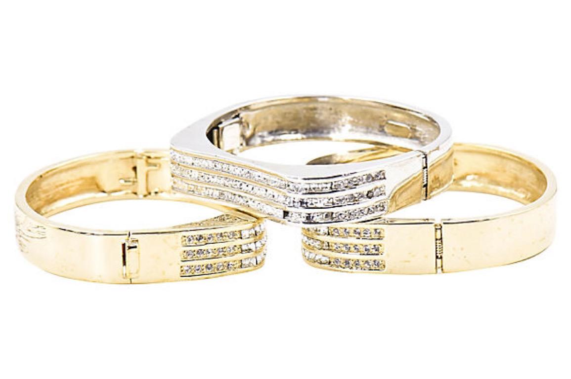 Women's Wave Two Tone Stackable Crystal Bangle Bracelet Set of 3 For Sale
