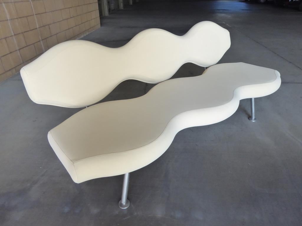 The Wavelength sofa is part of an award winning seating collection designed by Karim Rashid for Canadian manufacturer Neinkamper Furniture in 2000. Created for commercial applications, the sofa would coordinate into Modern or Most modern