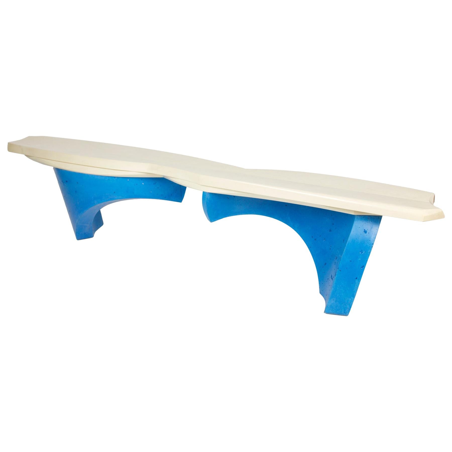 Waves Bench featuring Blue Cast Concrete and Bleached Maple by Nico Yektai For Sale
