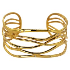 Waves Cage Cuff Bangle Bracelet White Brilliant Cut Diamonds 18Kt Yellow Gold