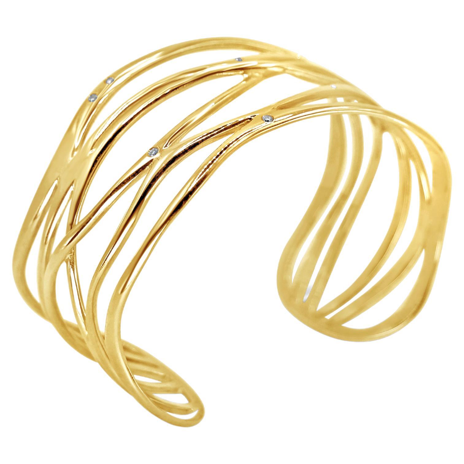 Waves Cage Cuff Bangle Bracelet White Brilliant Cut Diamonds 18Kt Yellow Gold For Sale