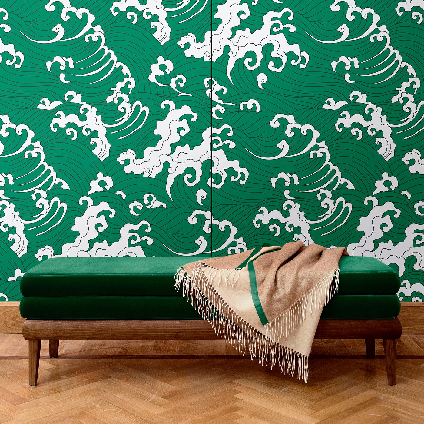 This elegant wall covering was crafted of silk and cotton and is part of the Waves collection. In it, inspired by the iconic marine scenes depicted in traditional Japanese art, a tempestuous sea in green is punctuated by white foam, creating a sense