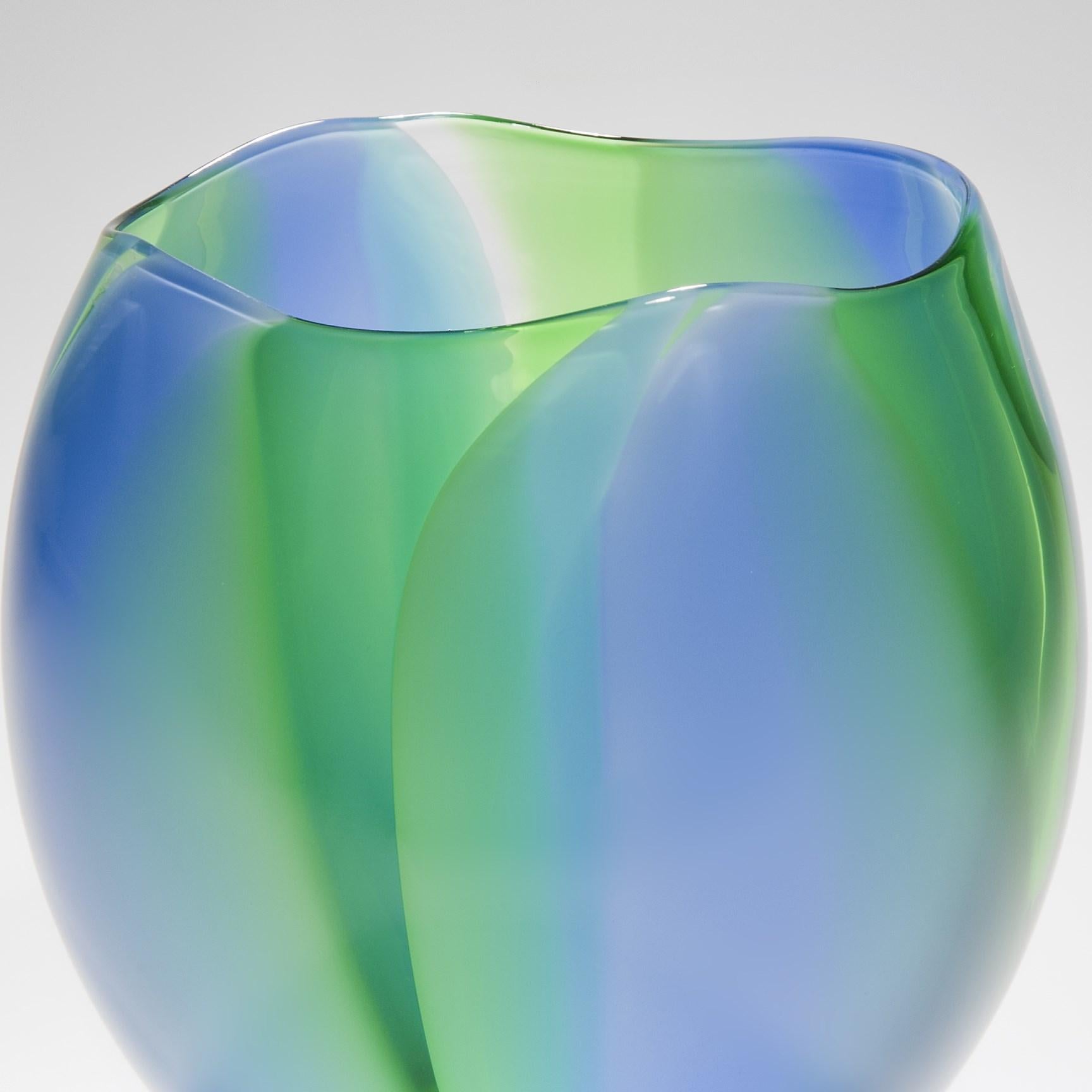 Organic Modern Waves in Blue & Green, Unique Handblown Glass Bowl by Neil Wilkin