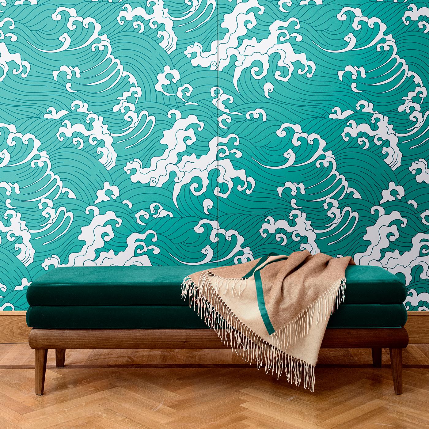 Inspired by the sophisticated elegance of traditional Japanese art, the design of this decoration will add a timeless accent to a whole room or a single wall. Part of the Waves collection, this wall covering uses white and turquoise as colors,