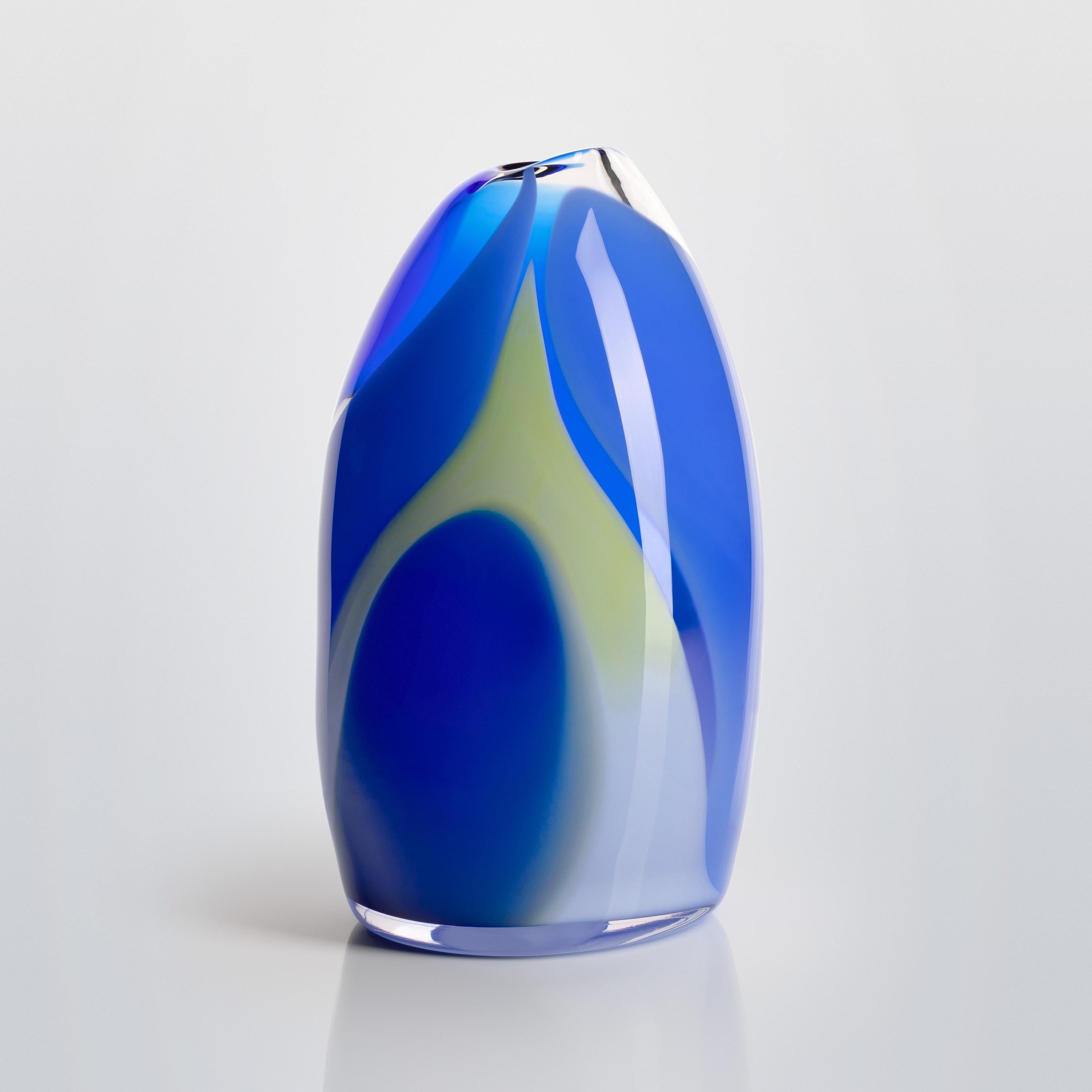 Organic Modern Waves No 435, an abstract blue and yellow/green glass vase by Neil Wilkin For Sale