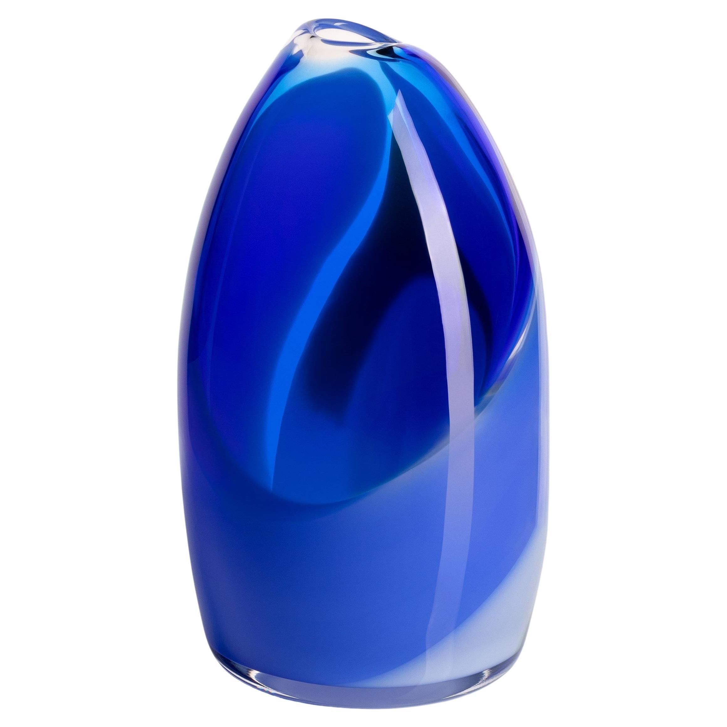 Waves No 435, an abstract blue and yellow/green glass vase by Neil Wilkin For Sale