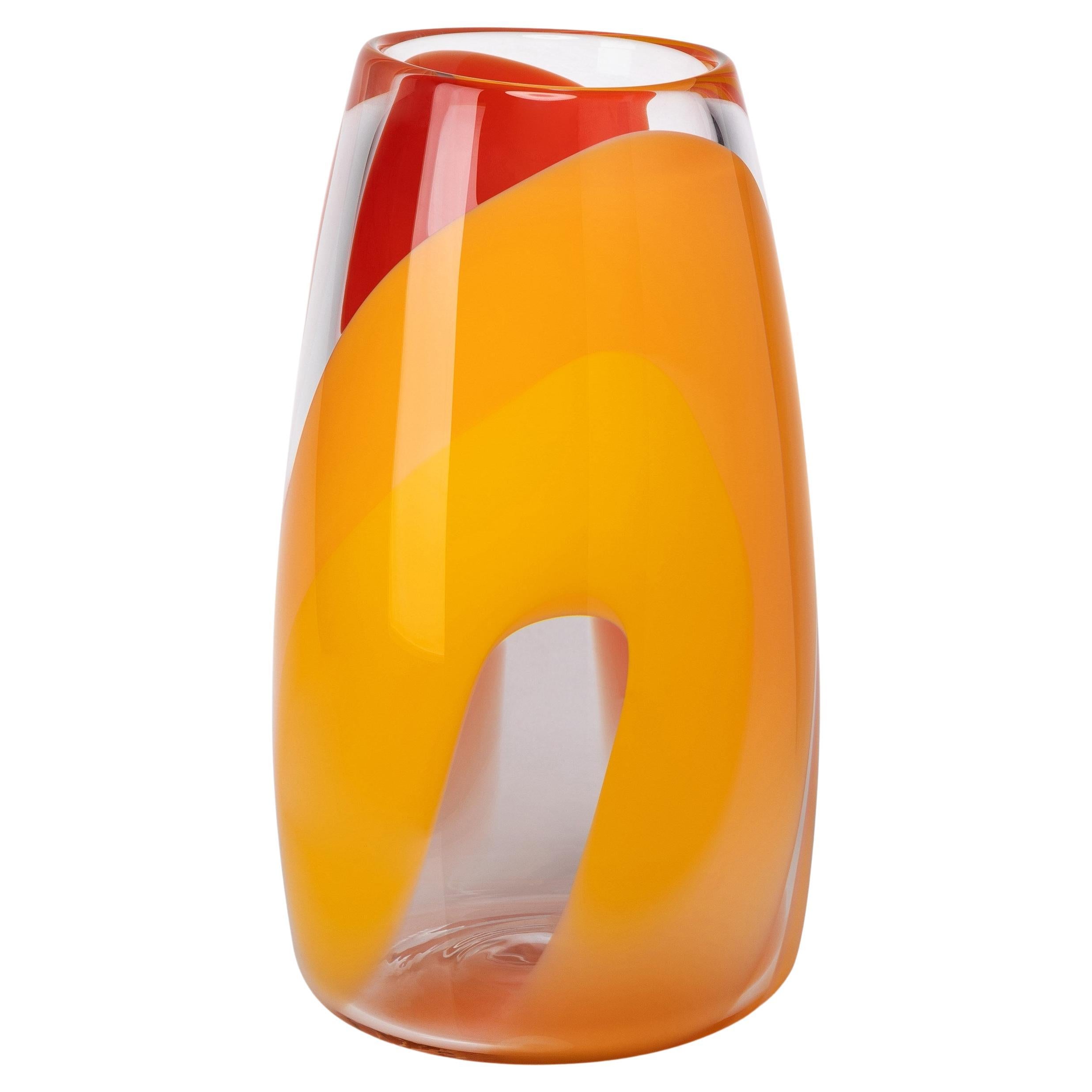 Waves No 464, Clear, orange & yellow hand blown glass vase by Neil Wilkin