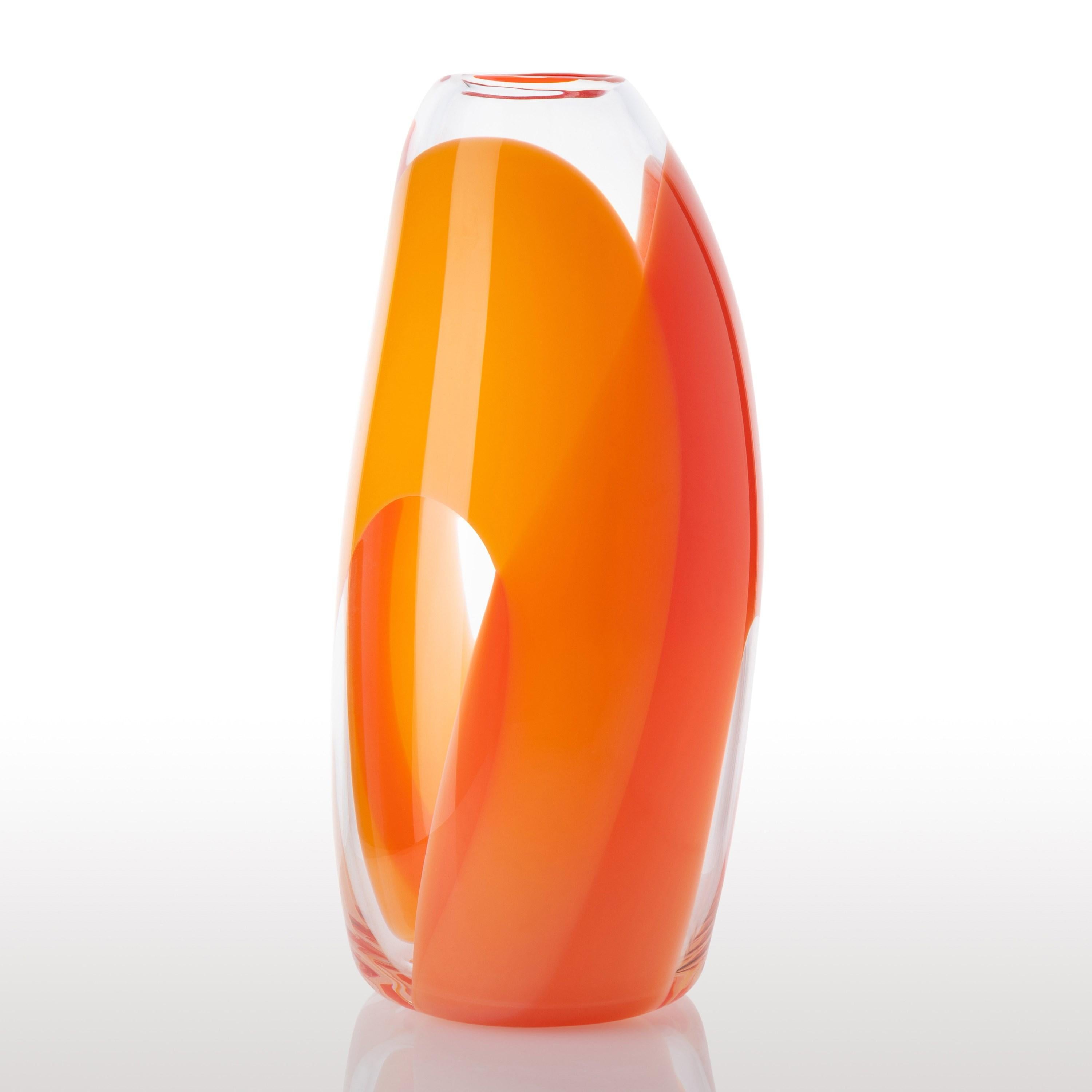British Waves No 466, clear, red & rich yellow abstract fluid glass vase by Neil Wilkin For Sale
