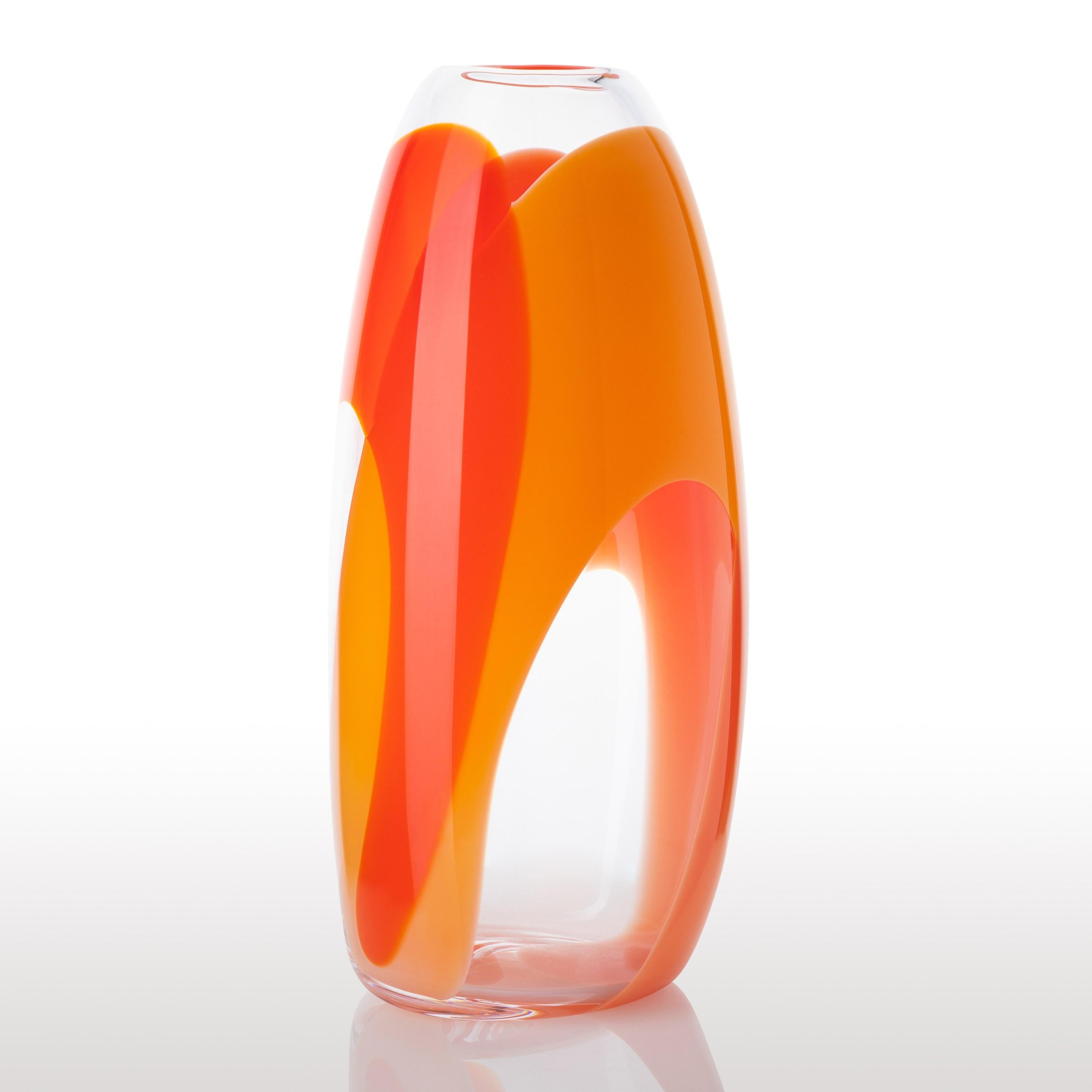 Hand-Crafted Waves No 466, clear, red & rich yellow abstract fluid glass vase by Neil Wilkin For Sale