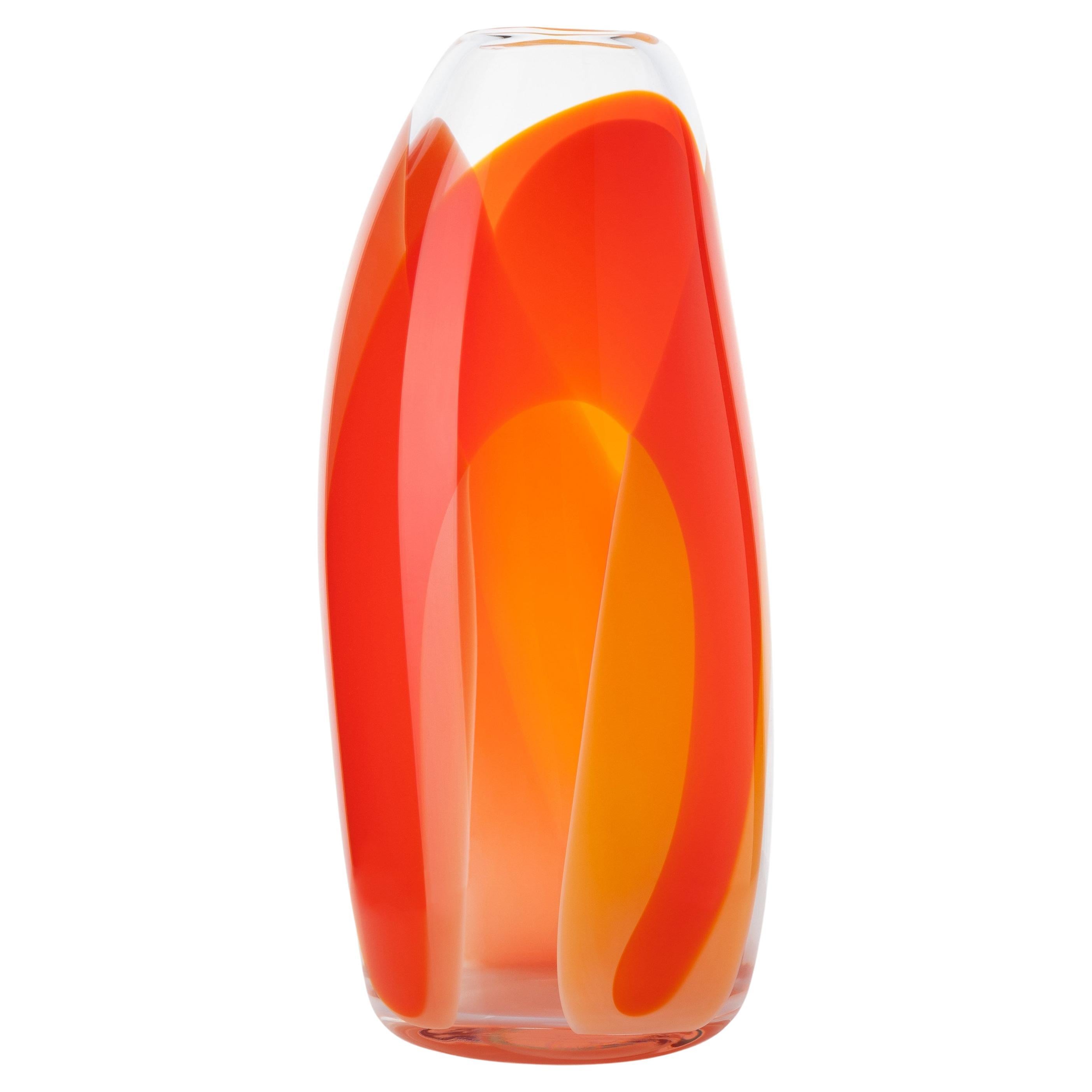 Waves No 466, clear, red & rich yellow abstract fluid glass vase by Neil Wilkin For Sale