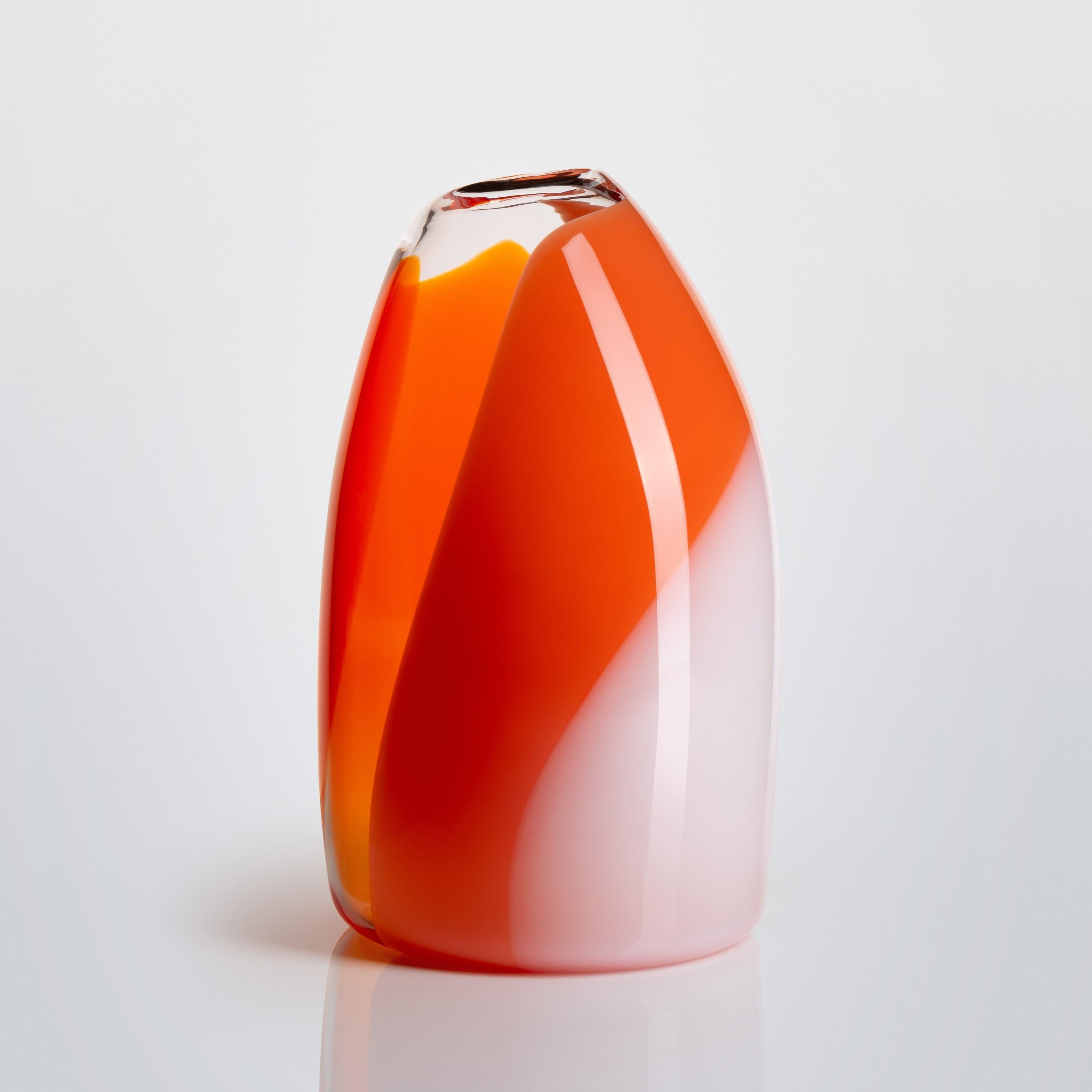 British Waves No 487, clear, red, orange & peach hand blown glass vase by Neil Wilkin