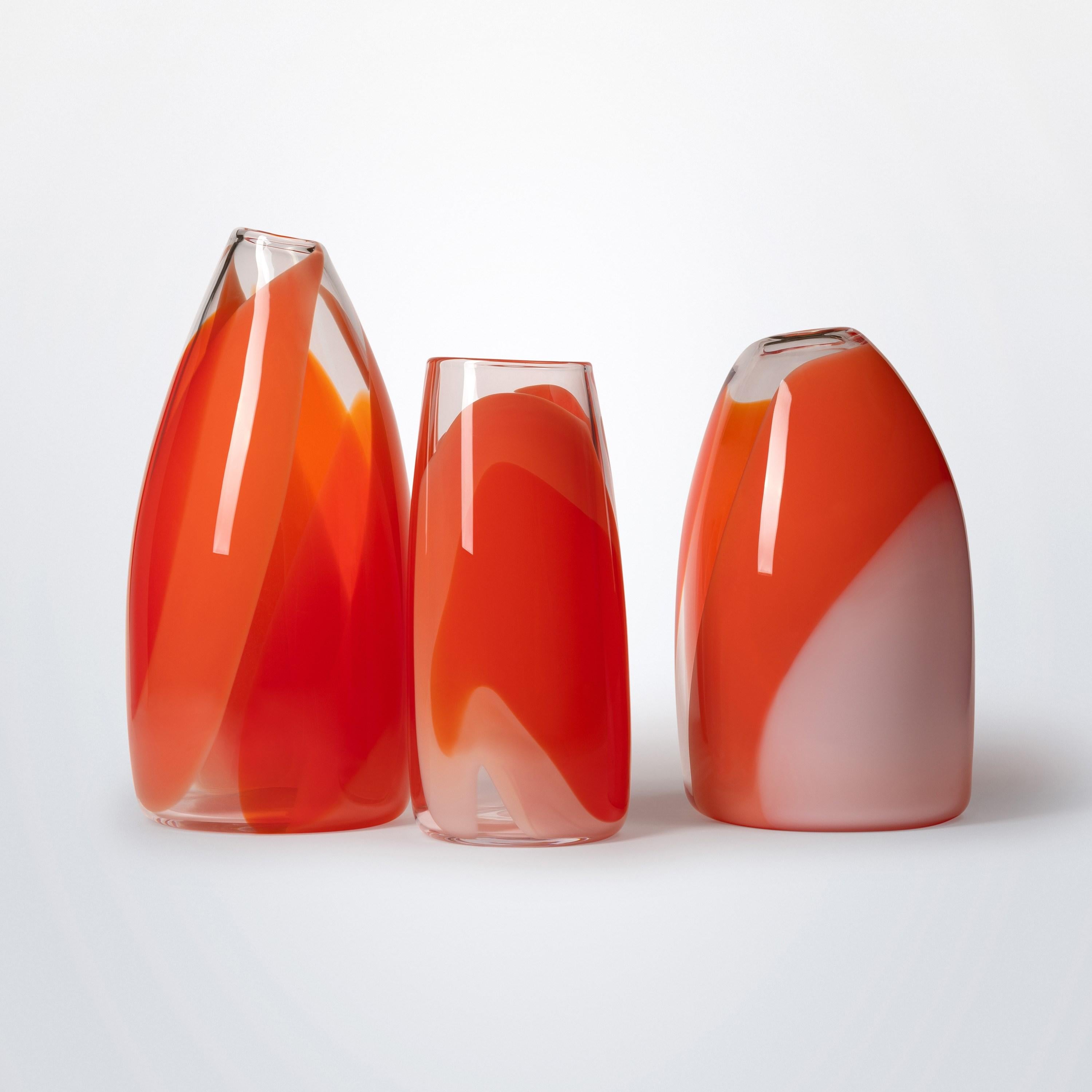 Hand-Crafted Waves No 487, clear, red, orange & peach hand blown glass vase by Neil Wilkin