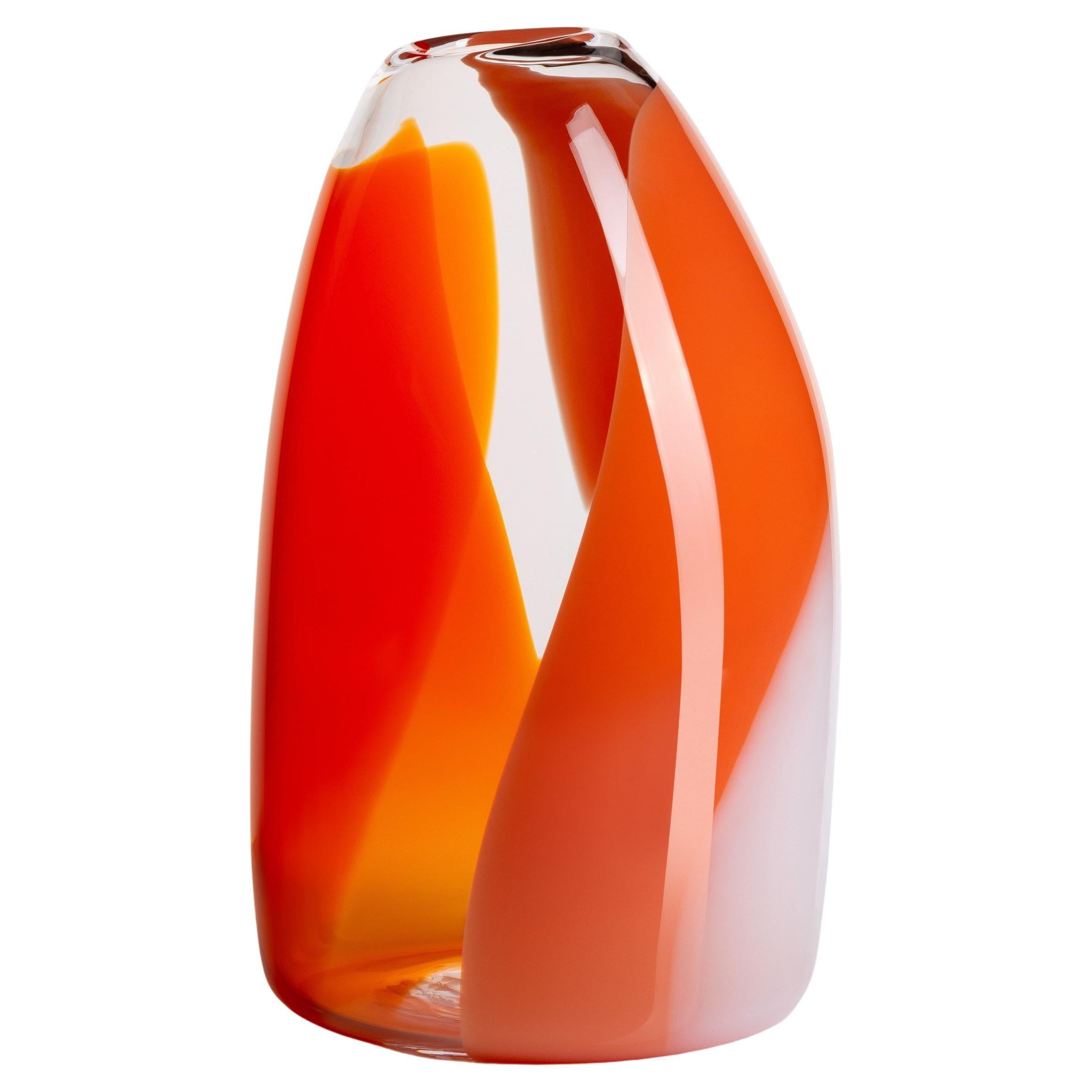 Waves No 487, clear, red, orange & peach hand blown glass vase by Neil Wilkin
