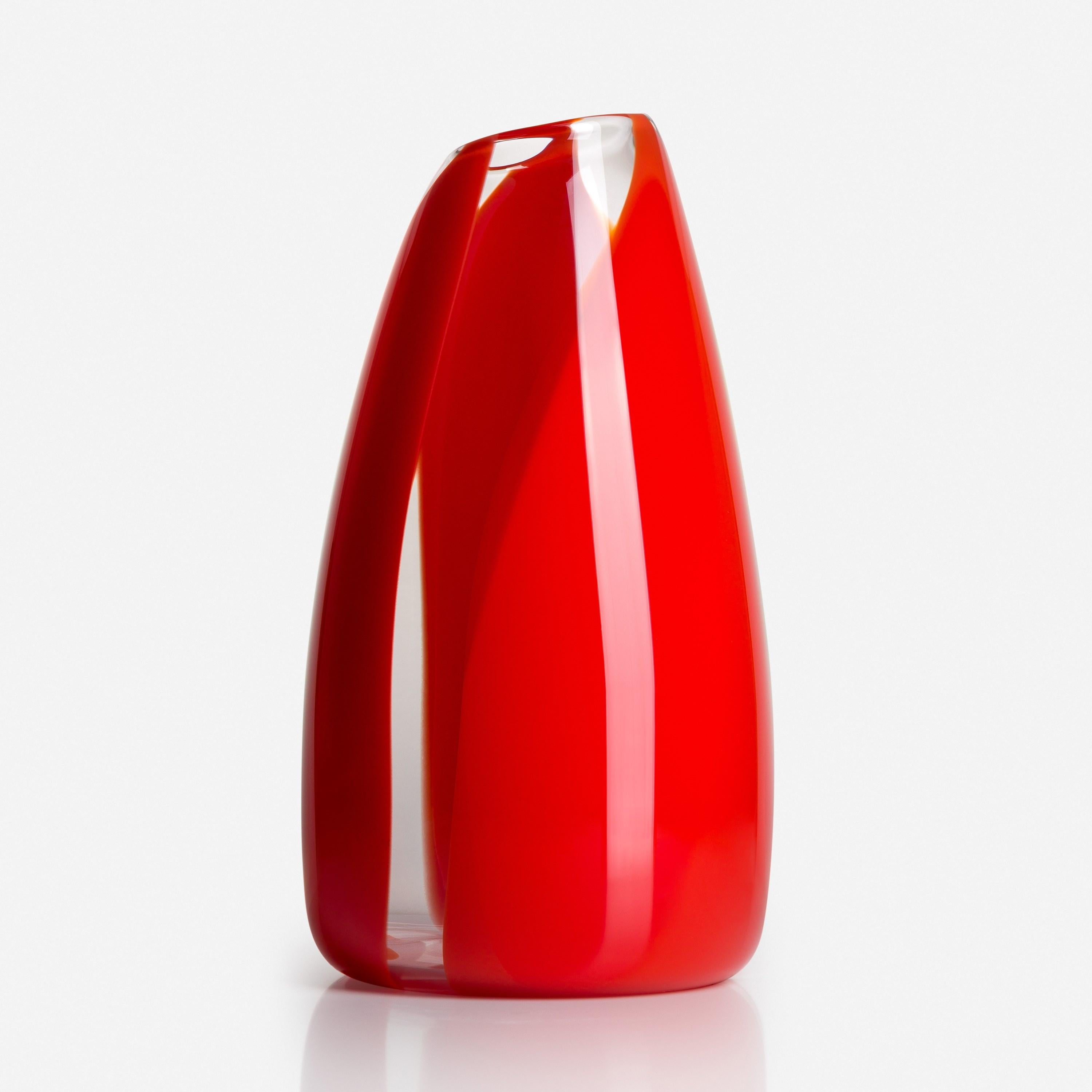 British  Waves No 508, red, orange & clear handblown abstract glass vase by Neil Wilkin