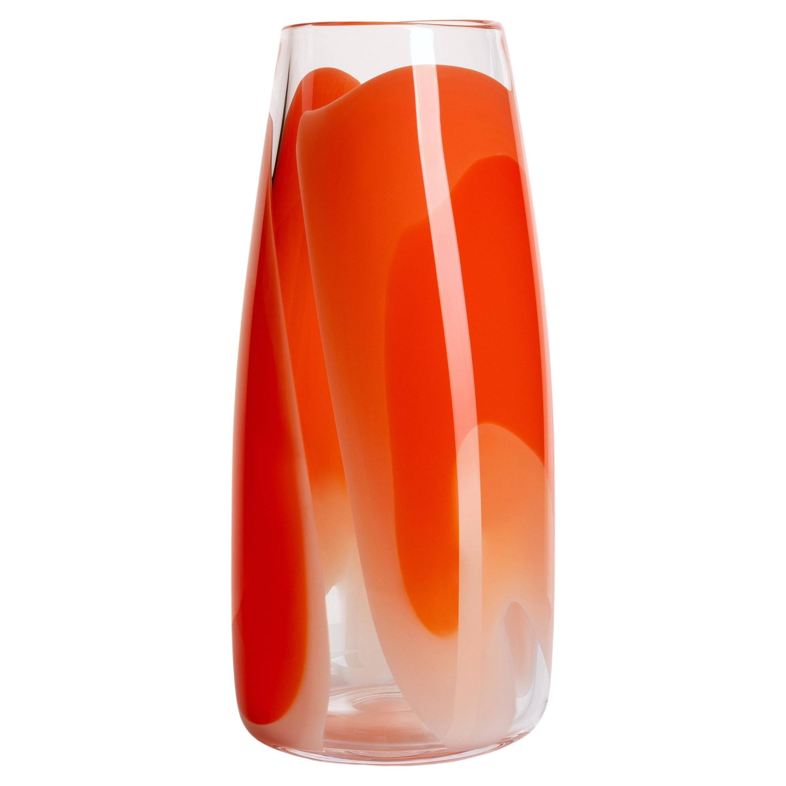 Waves No 586, an abstract red, peach & pink handblown glass vase by Neil Wilkin