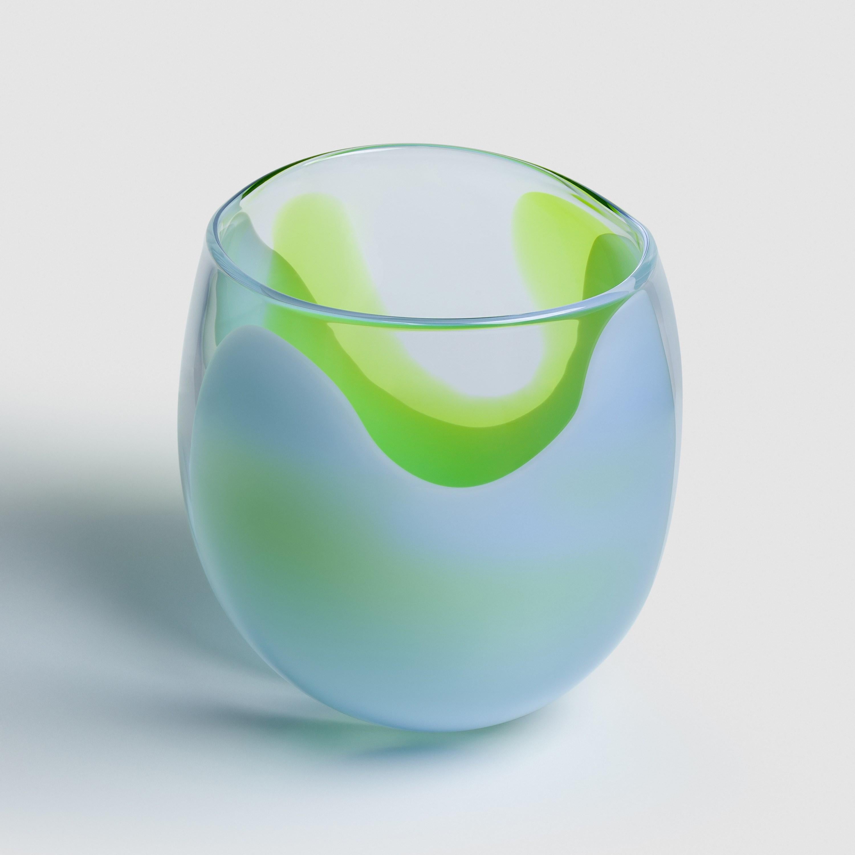 Hand-Crafted Waves No 637 is a blue & lime handblown glass sculptural bowl by Neil Wilkin For Sale
