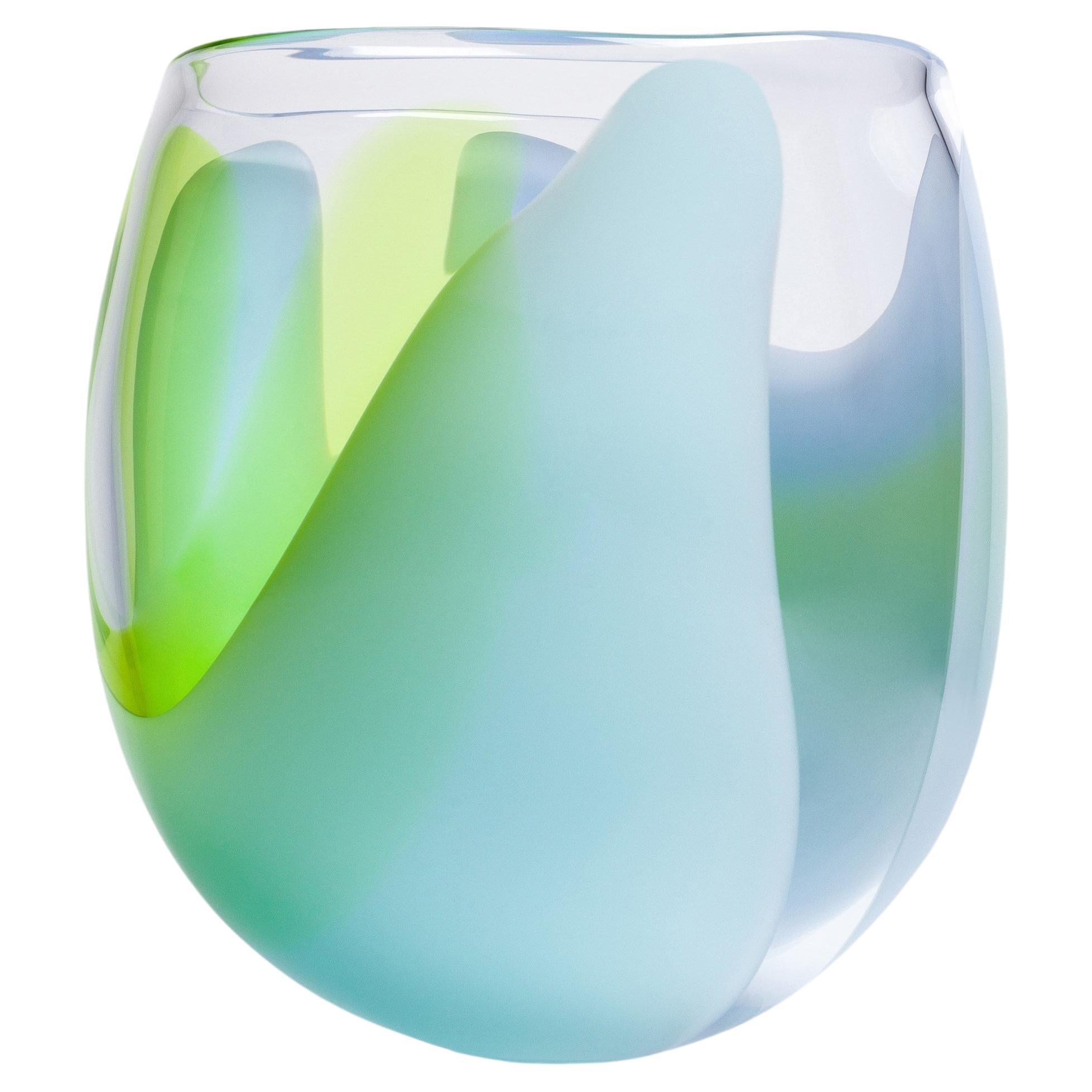 Waves No 637 is a blue & lime handblown glass sculptural bowl by Neil Wilkin For Sale