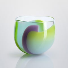 Waves No 638, clear, aqua, lime & lilac abstract fluid glass bowl by Neil Wilkin