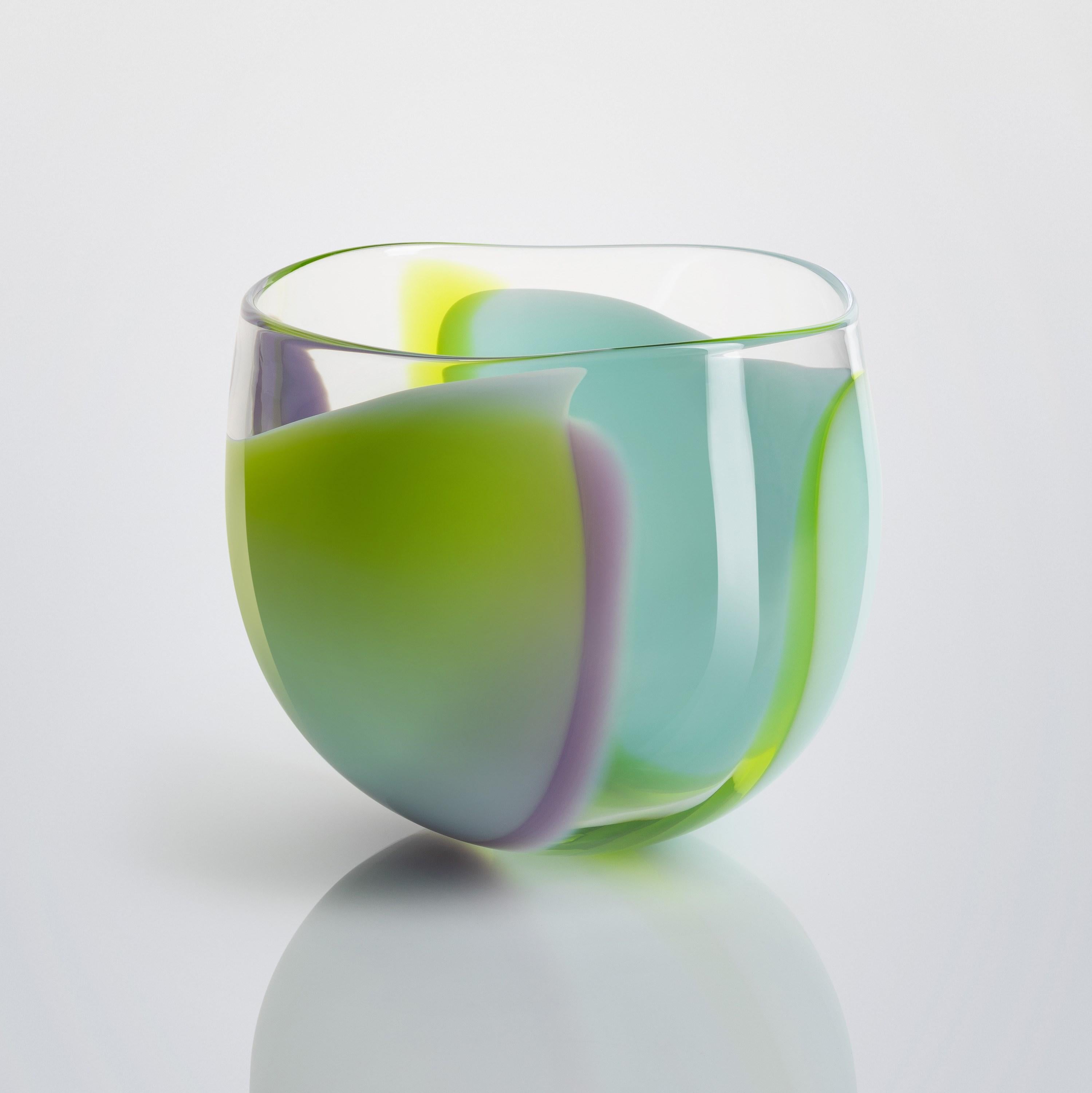 Organic Modern Waves No 638, clear, aqua, lime & lilac abstract fluid glass bowl by Neil Wilkin For Sale