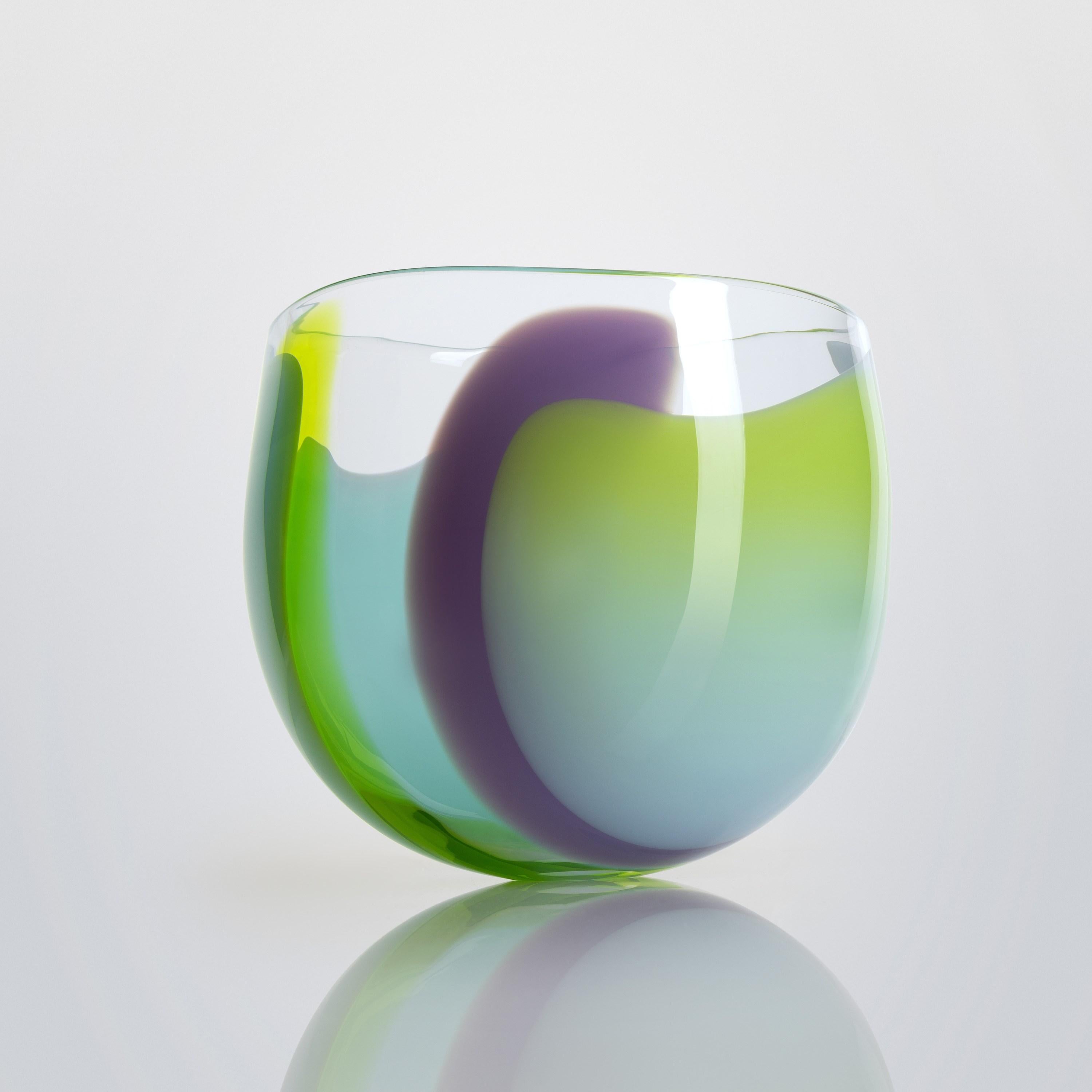 British Waves No 638, clear, aqua, lime & lilac abstract fluid glass bowl by Neil Wilkin For Sale