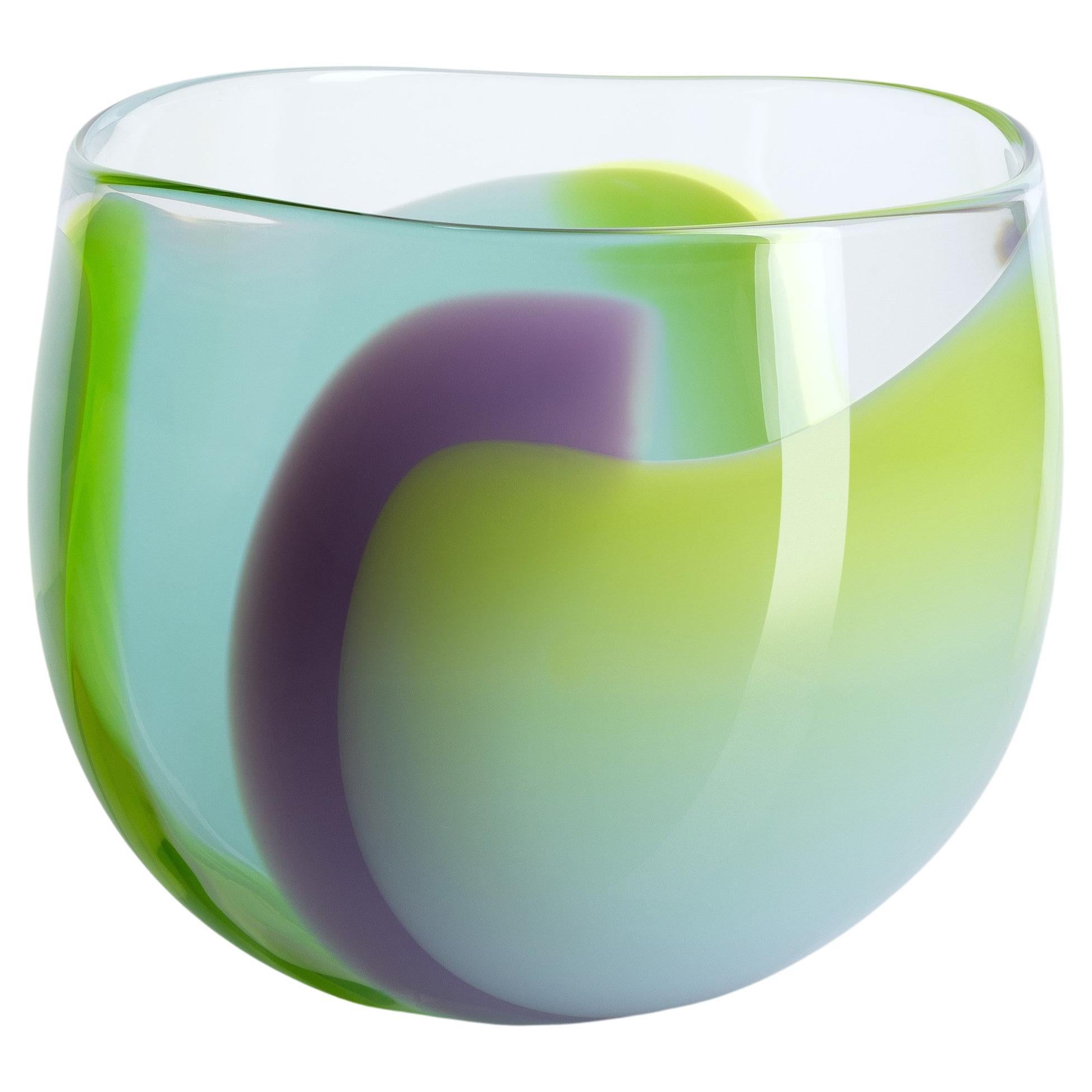 Waves No 638, clear, aqua, lime & lilac abstract fluid glass bowl by Neil Wilkin
