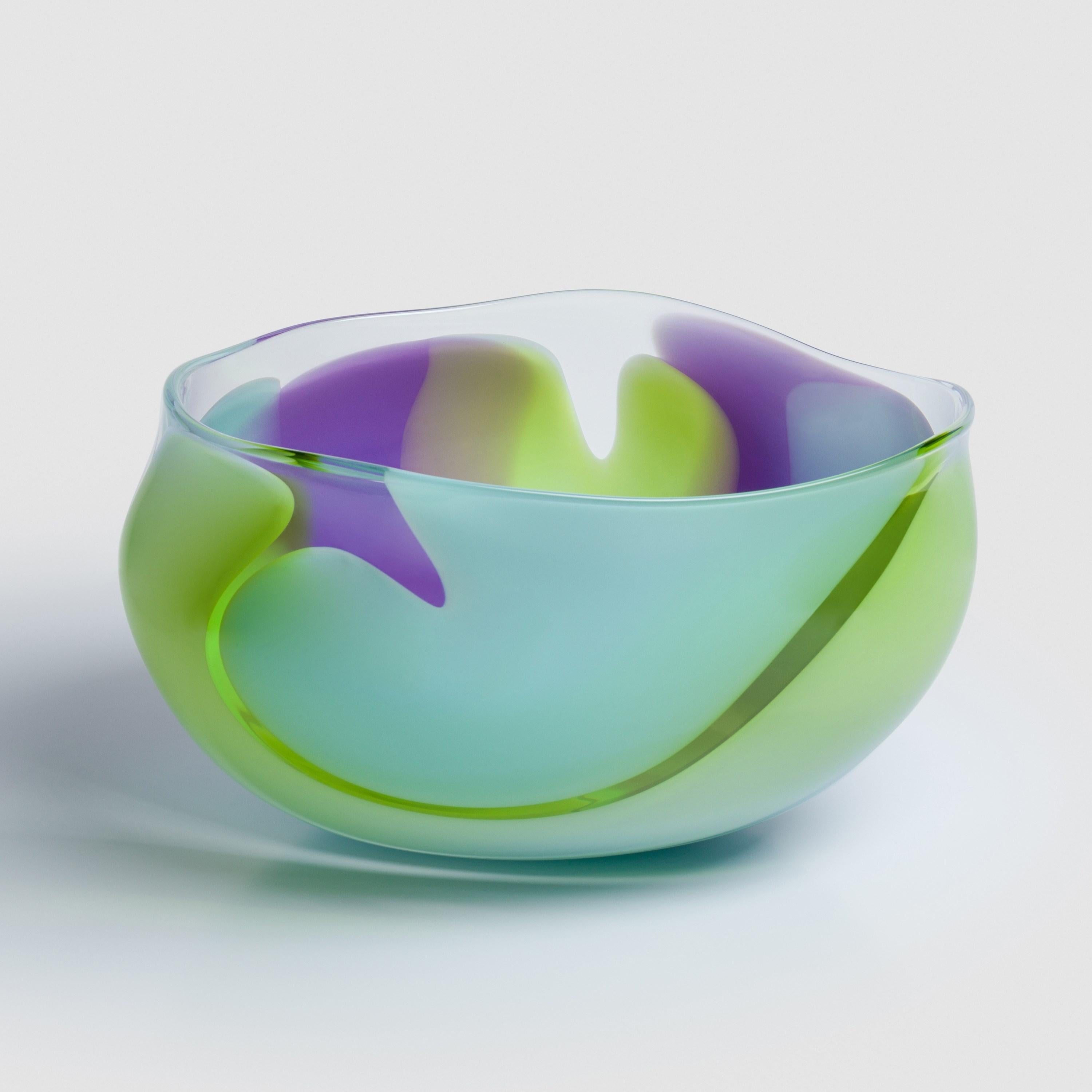 British Waves No 652, lime, aqua & purple abstract fluid glass bowl by Neil Wilkin