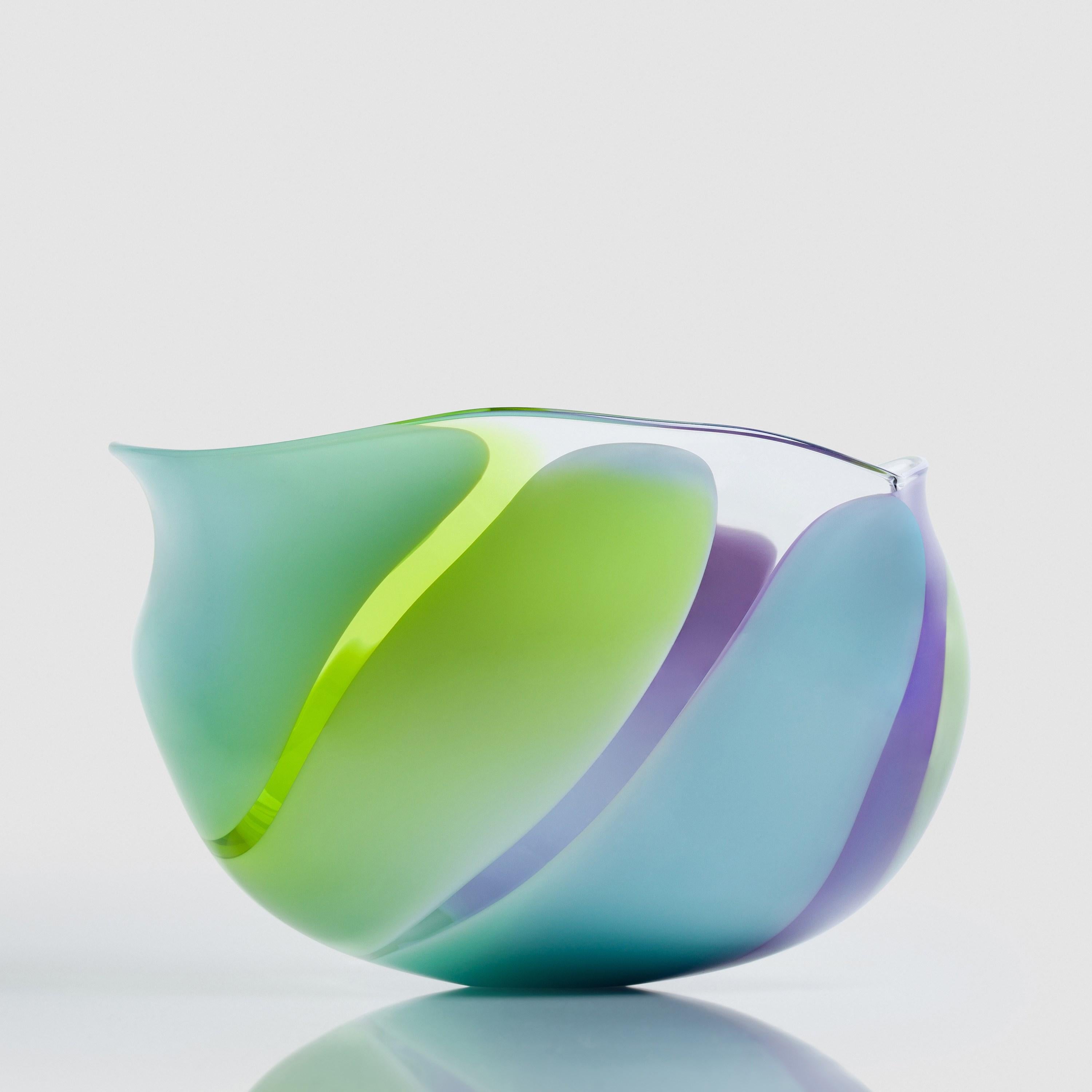 Hand-Crafted Waves No 652, lime, aqua & purple abstract fluid glass bowl by Neil Wilkin