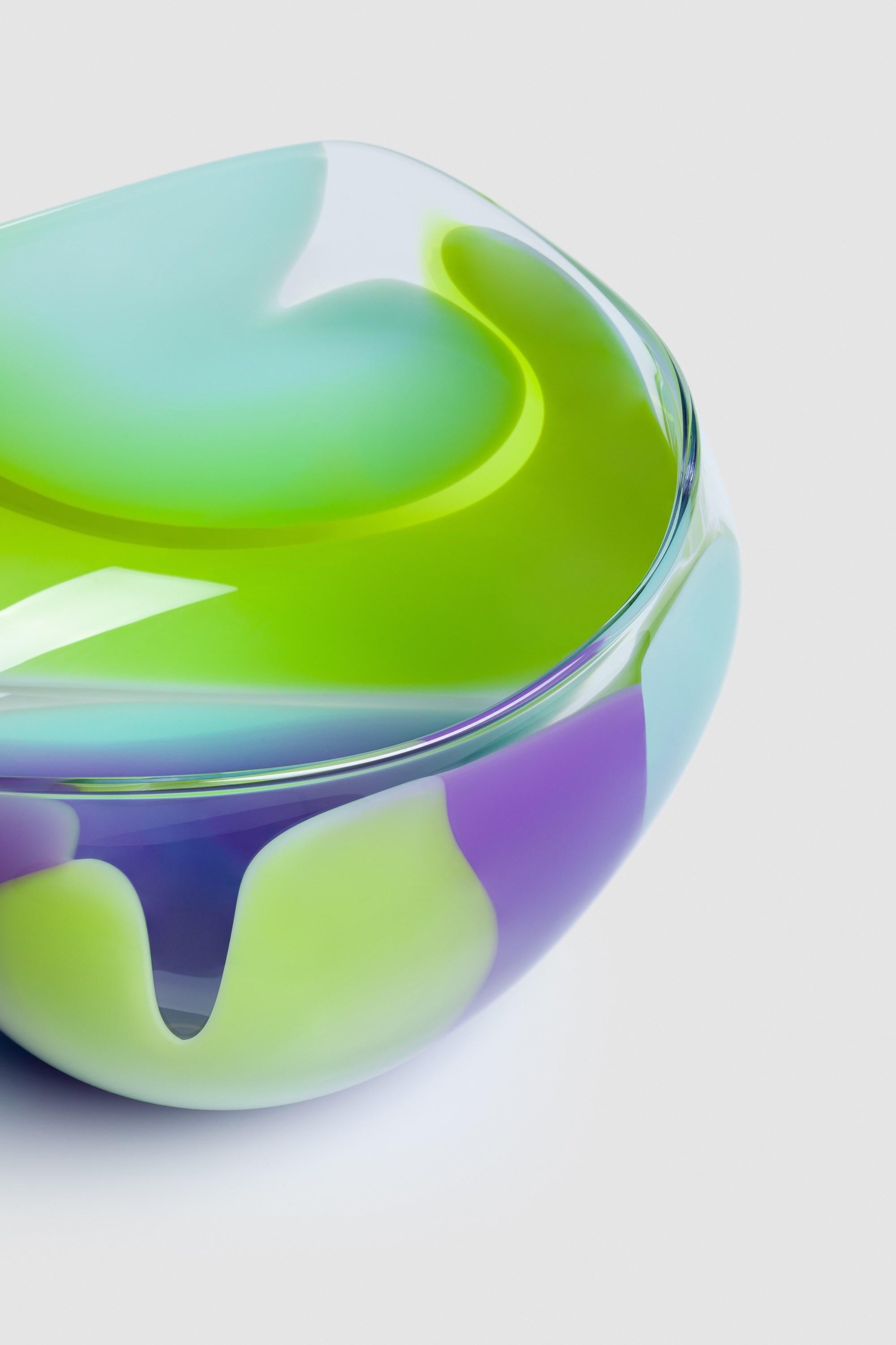 Waves No 652, lime, aqua & purple abstract fluid glass bowl by Neil Wilkin In New Condition In London, GB