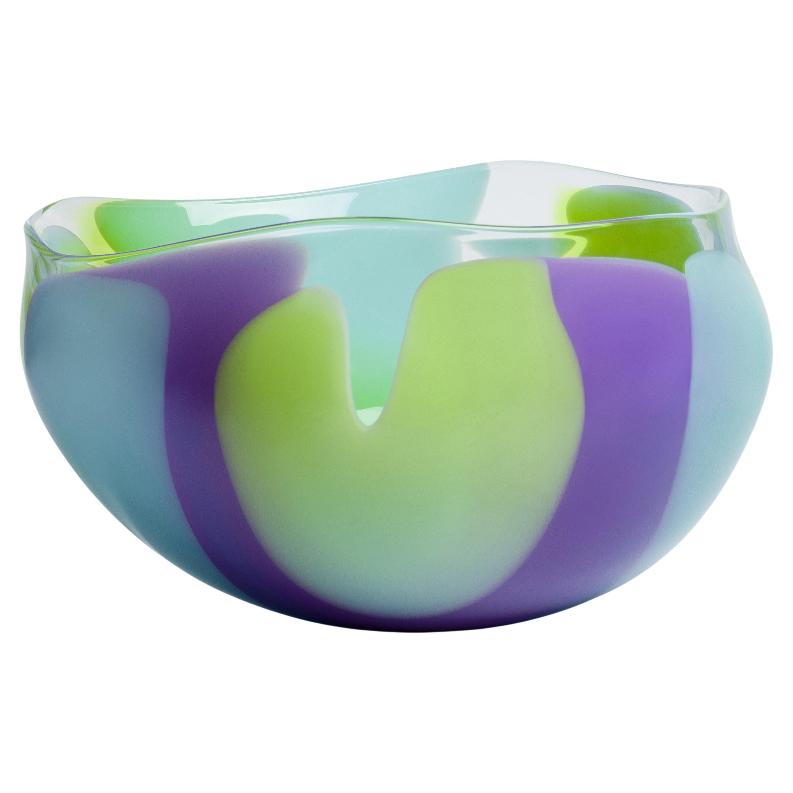 Waves No 652, lime, aqua & purple abstract fluid glass bowl by Neil Wilkin