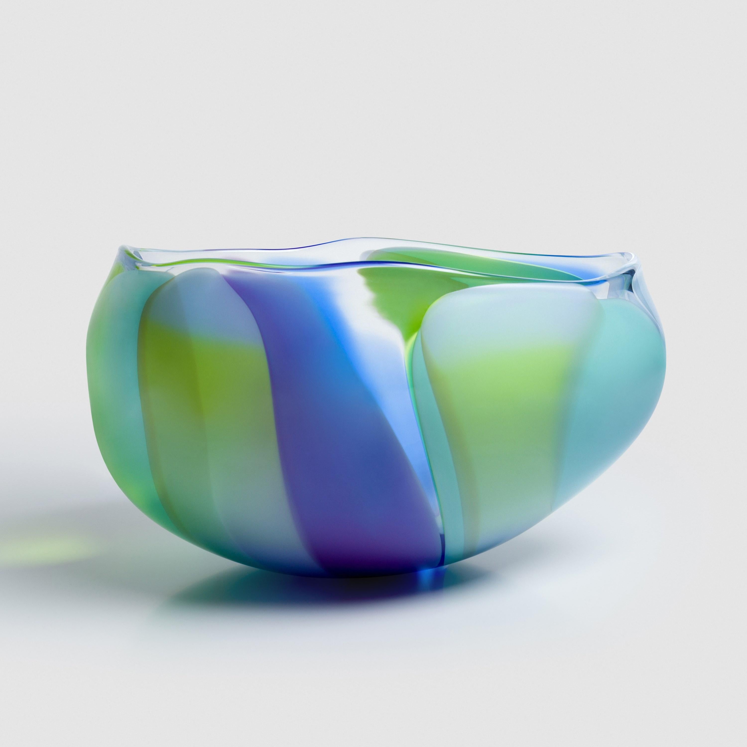 Organic Modern  Waves No 654, a blue, lime & aqua abstract handblown glass bowl by Neil Wilkin For Sale