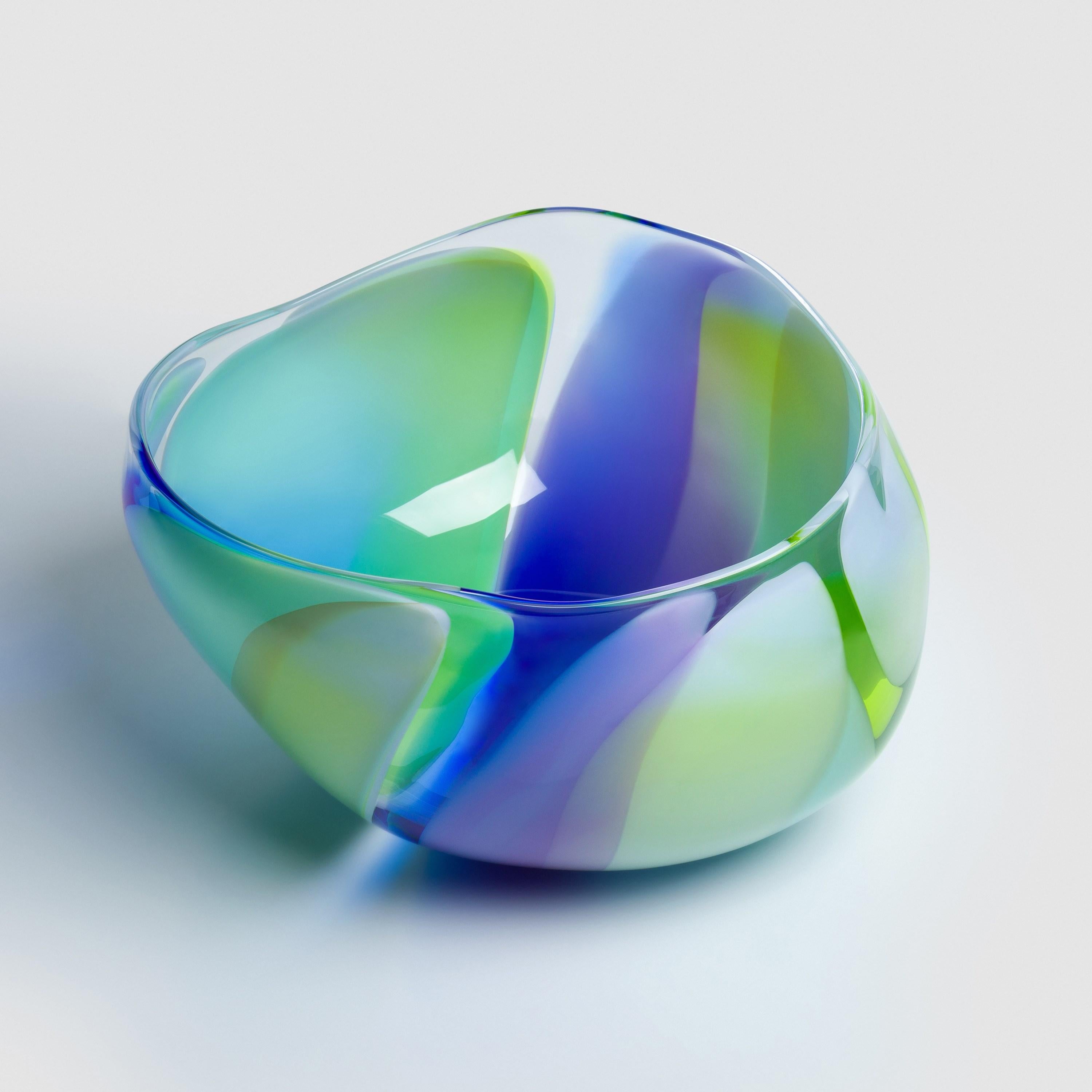 British  Waves No 654, a blue, lime & aqua abstract handblown glass bowl by Neil Wilkin