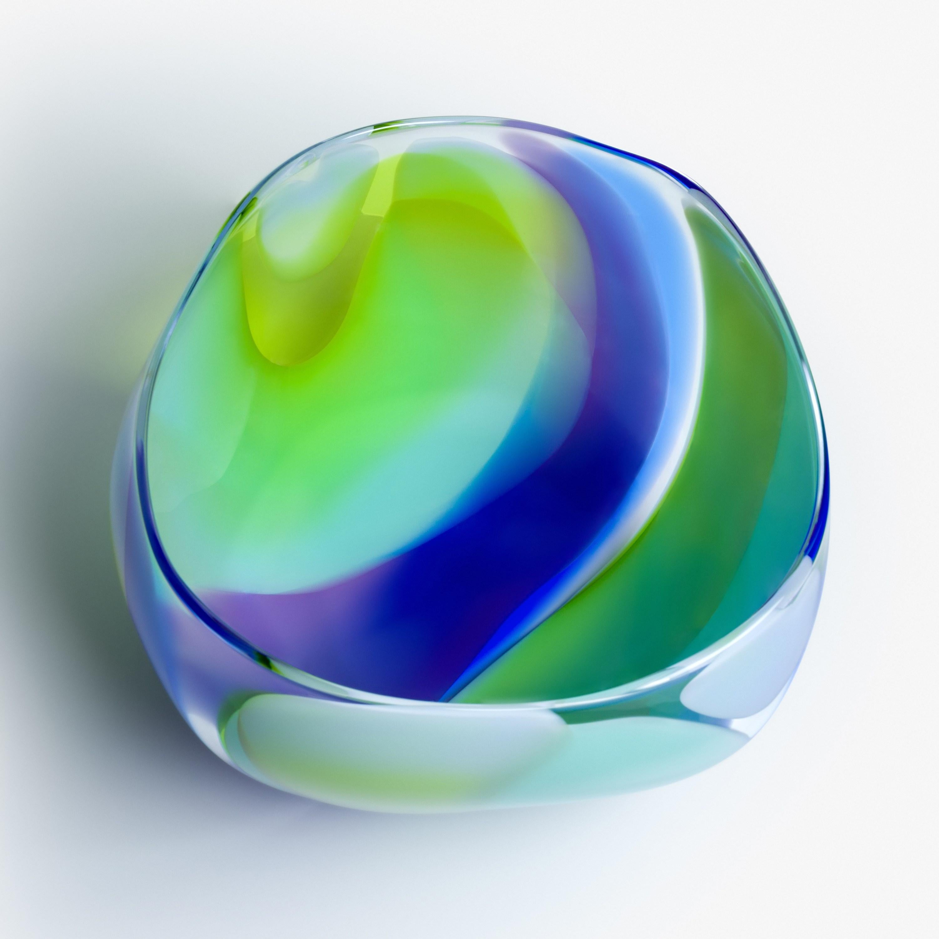 Hand-Crafted  Waves No 654, a blue, lime & aqua abstract handblown glass bowl by Neil Wilkin For Sale