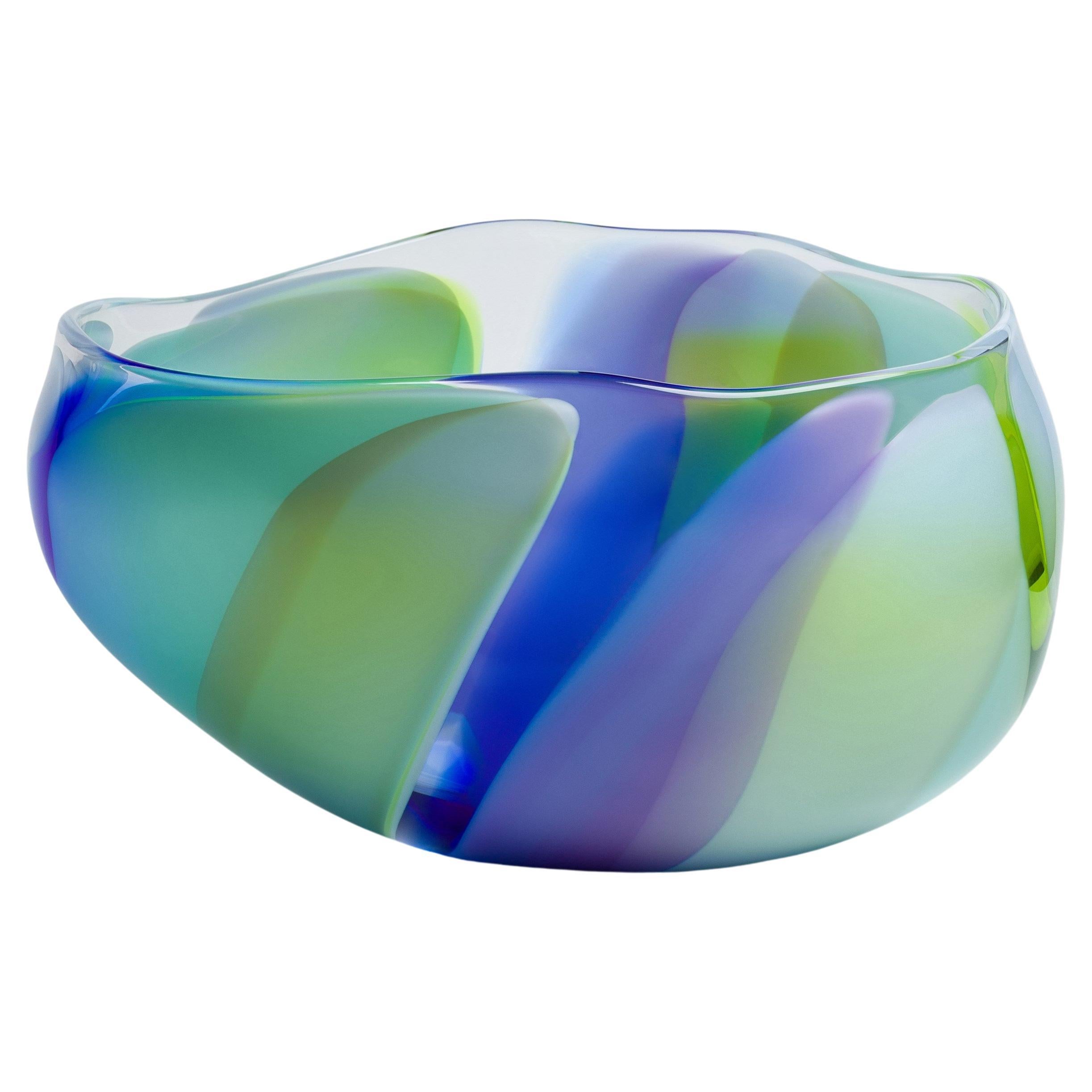  Waves No 654, a blue, lime & aqua abstract handblown glass bowl by Neil Wilkin For Sale