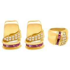 Waves of Diamonds and Rubies Set of Earrings and Ring in 18k Yellow Gold
