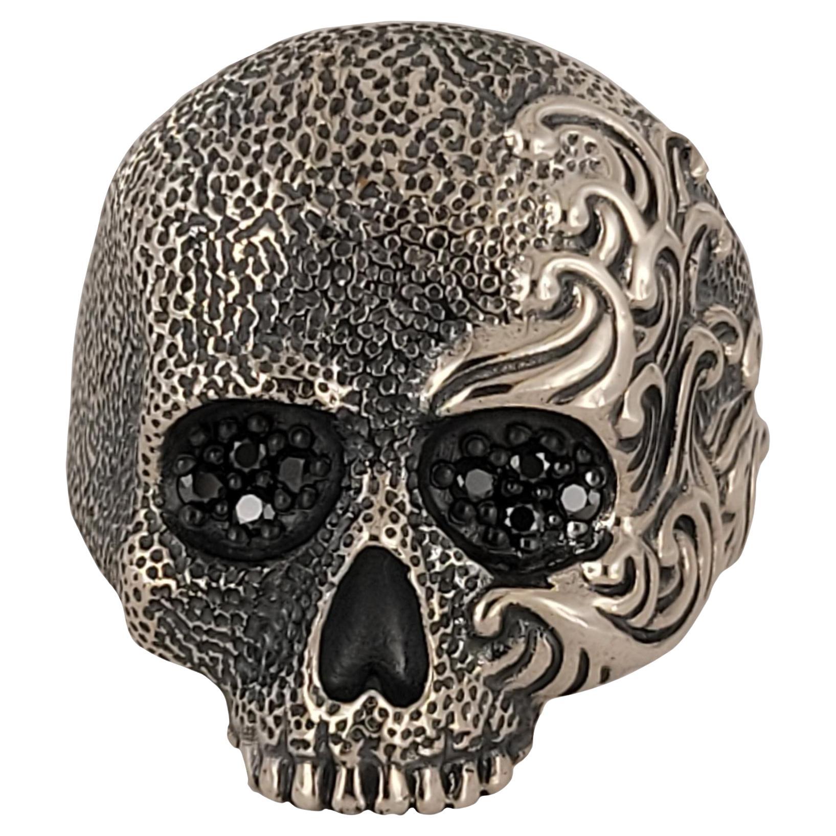 Waves Skull Ring Sterling Silver with Black Diamonds