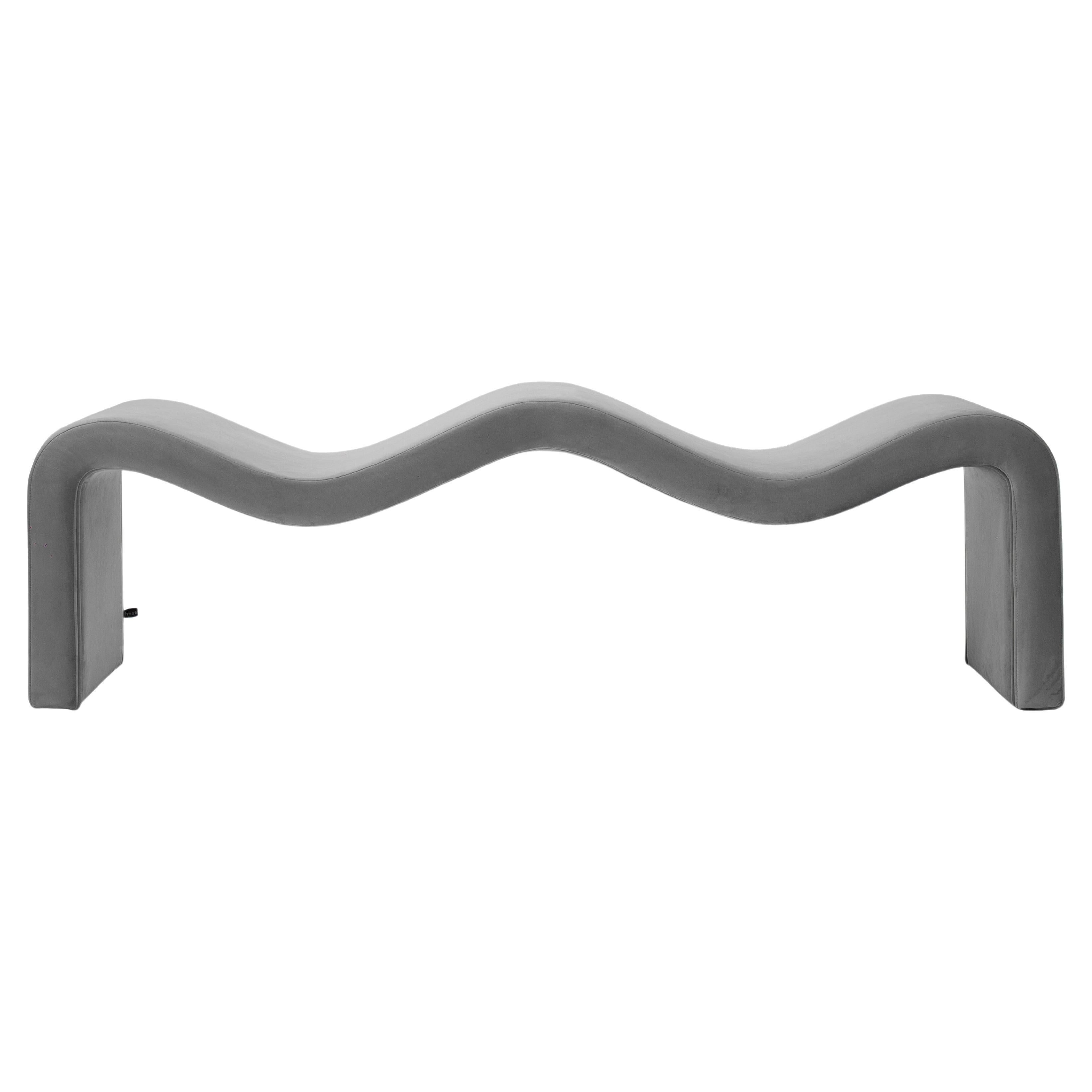 Wavy Bench in Silver Plush Fabric For Sale