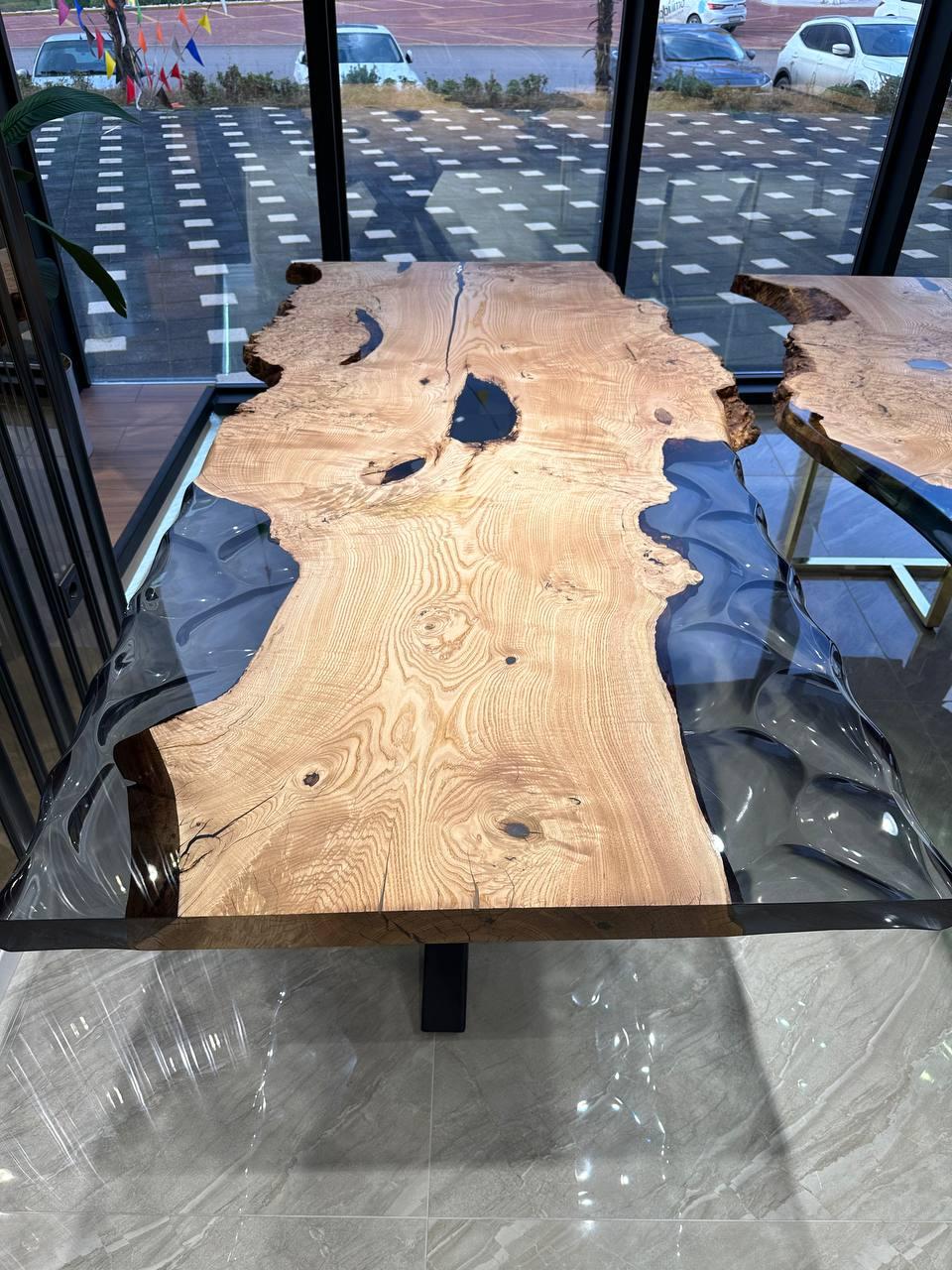Wavy Design Live Edge Epoxy Resin Solid Ash Wood Dining Table For Sale 1