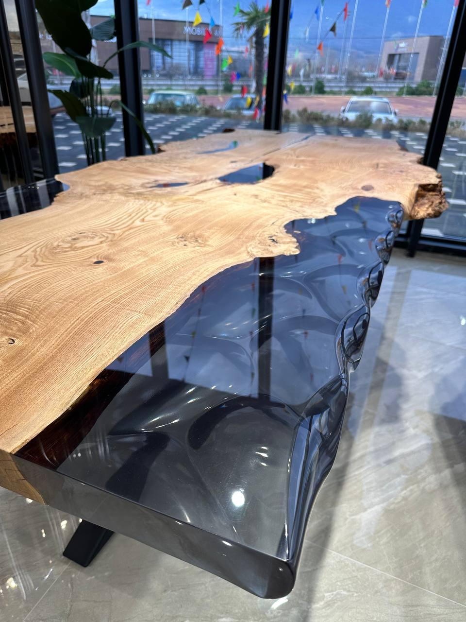 Turkish Wavy Design Live Edge Epoxy Resin Solid Ash Wood Dining Table For Sale