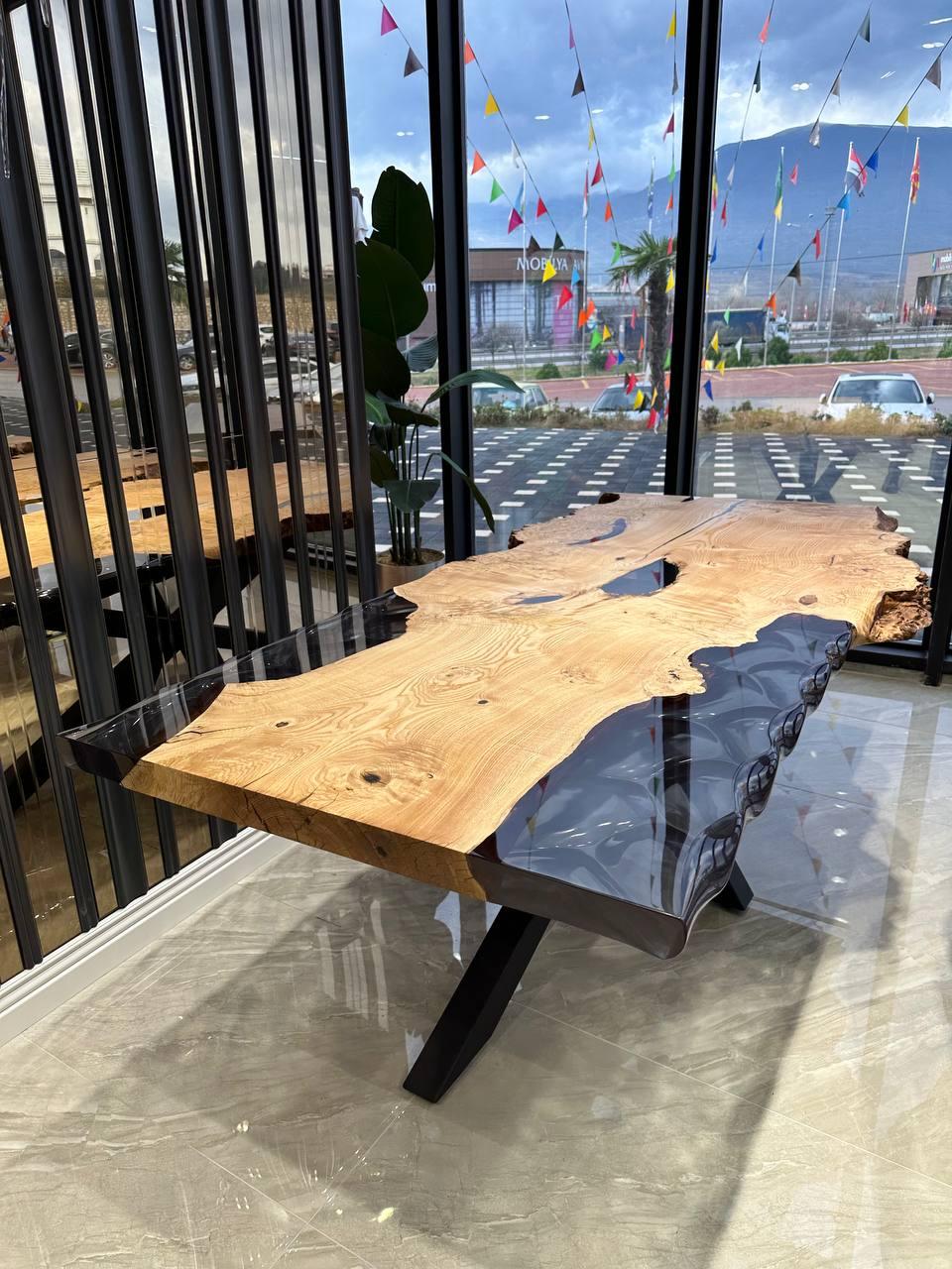 Welded Wavy Design Live Edge Epoxy Resin Solid Ash Wood Dining Table For Sale