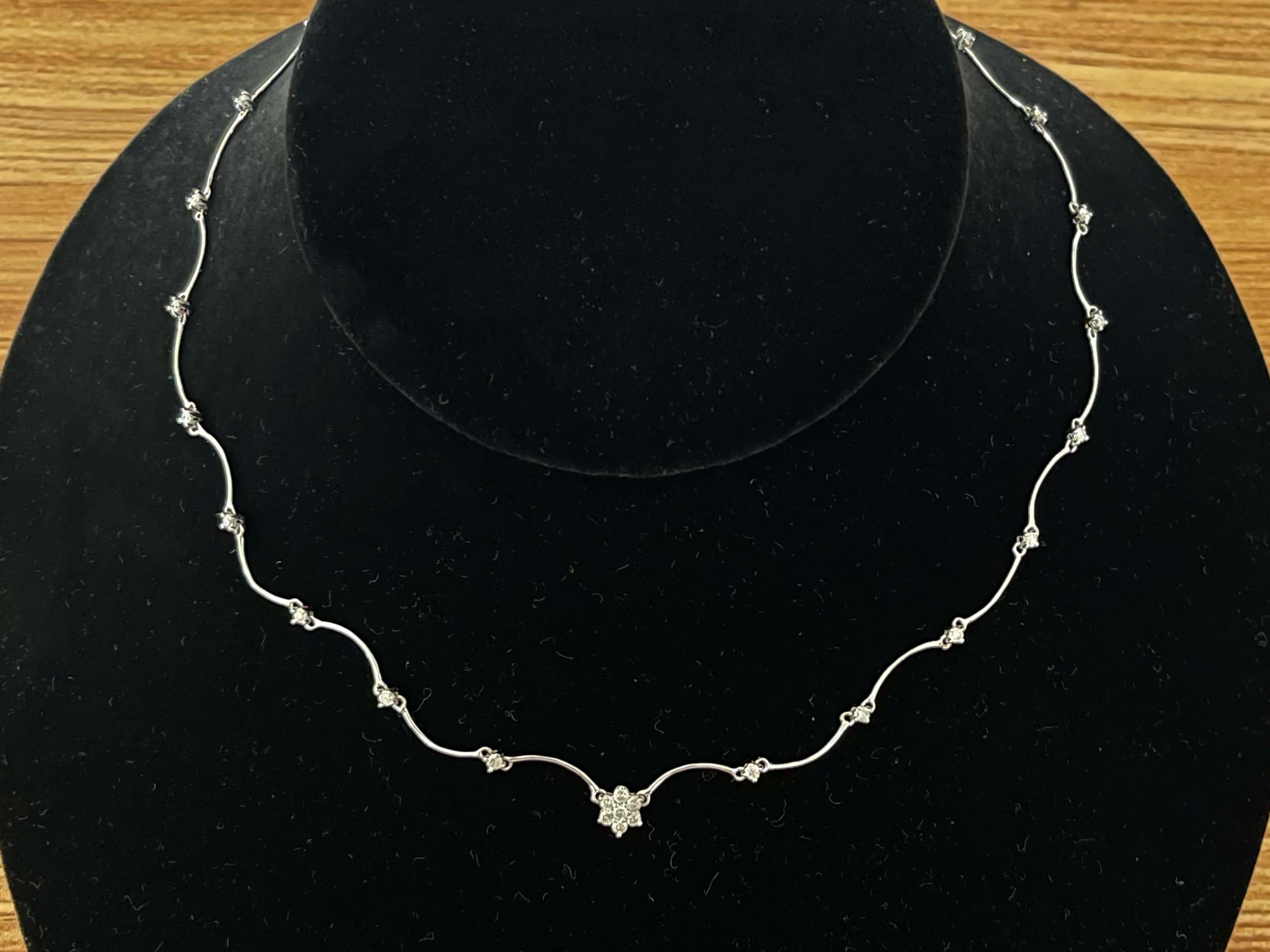 Victorian Wavy Diamond Flower Diamond Necklace in 18k White Gold