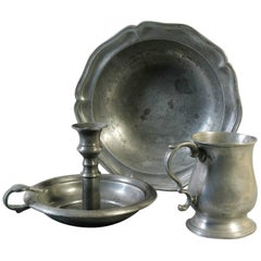 Wavy-Edge Continental Pewter Basin-Tankard-Chamberstick 19th & 20th Century